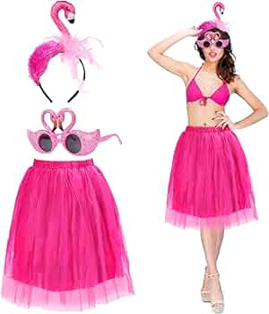 Costume Fenicottero Donna Carnevale - Gonna Tulle Rosa, Copricapo E Occhiali Hawaiani - Foto 5
