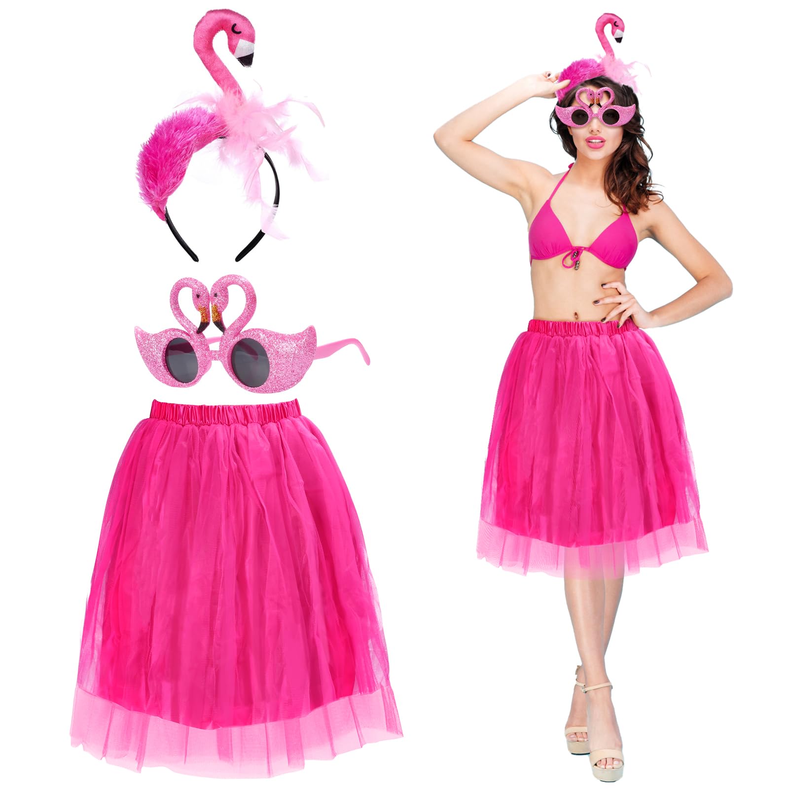 LOHAME 3pcs Disfraz de flamenco de mujer accesorio disfraz hawaiano kit para disfraces de falda Hula-Diadema de flamenco Gafas de sol amarillas Tutu-para adultos niños playa verano