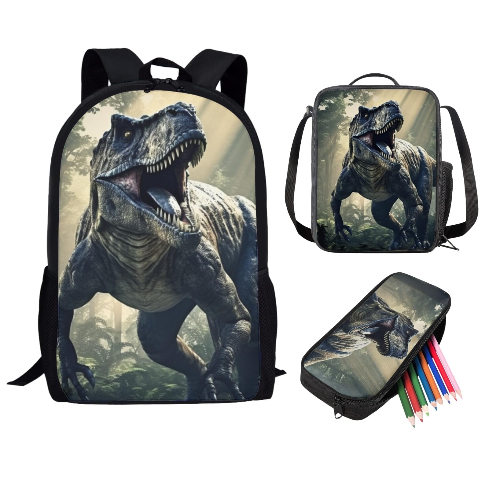 Showudesigns 3d Dinosaur Backpack With Lunch Box and Pencil Case Set 3 In 1 Kids School Bags for Boys 7-10/10-12 Elementary Middle School Bookbag 3Rd 4Th 5Th 6Th Grade Teen Girls Book Bags 17inch