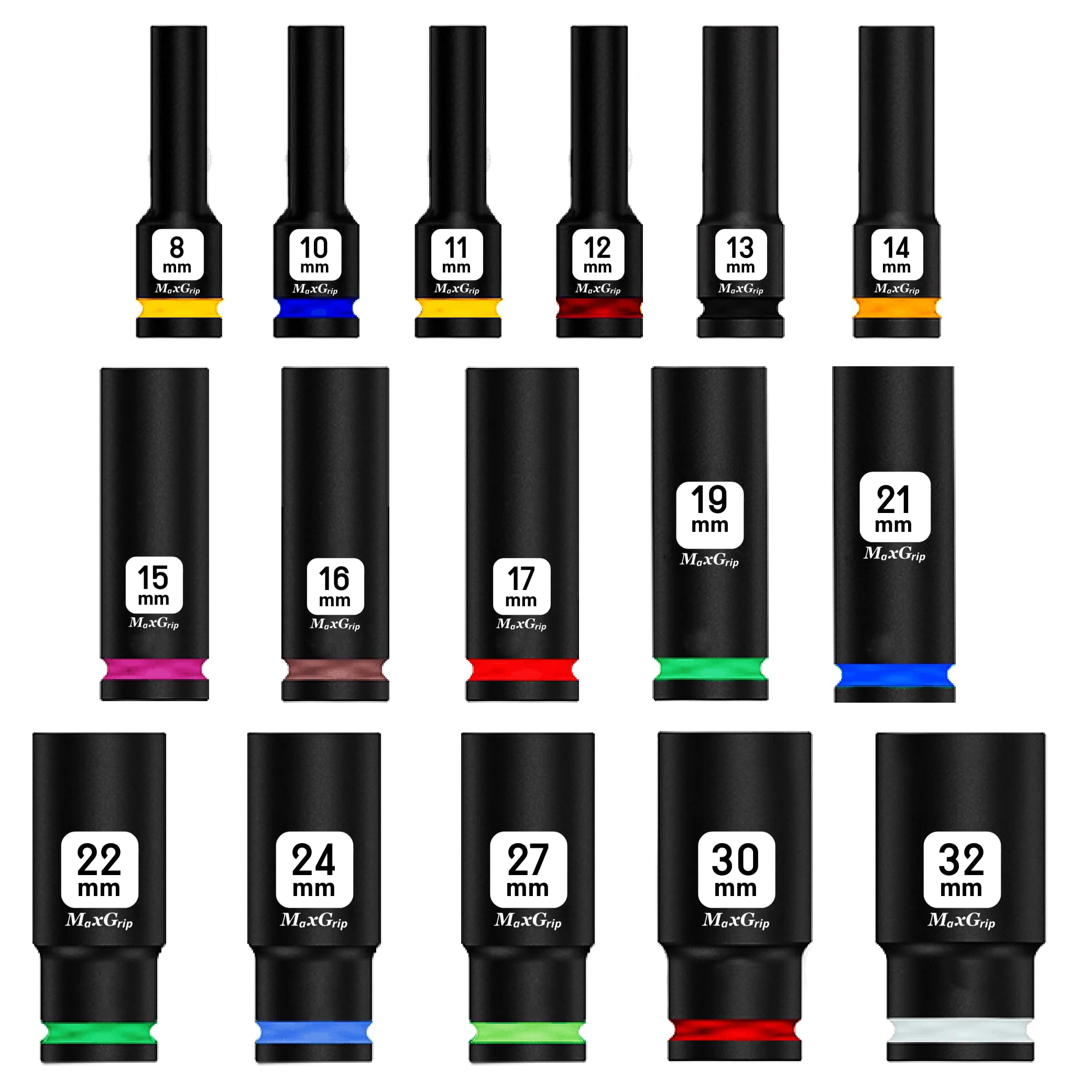 Set di chiavi a bussola profonde da 1/2", 16 pezzi, misure SAE/metriche, 6 punti, grado di impatto (8-32 mm)