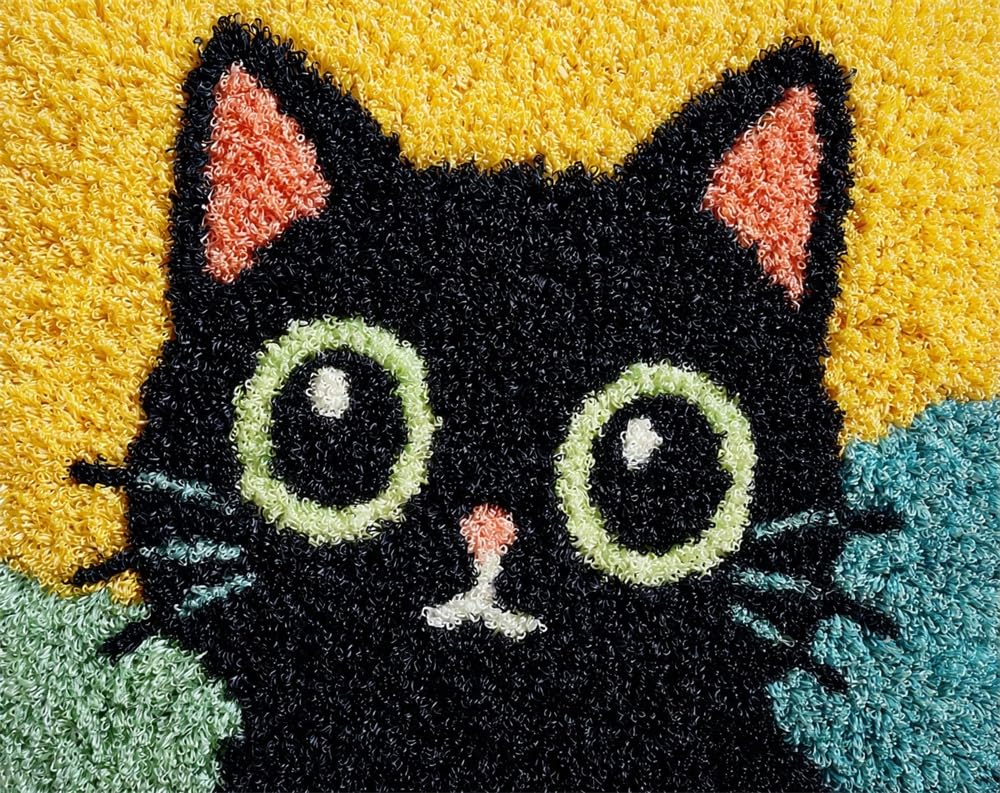Kitquiver Latch Hook Rug Kits for Adults Beginners,Cartoon Black Cat,DIY Craft Doormat Carpet Making Kit Tapestry Gift Home Decorations 15X20In