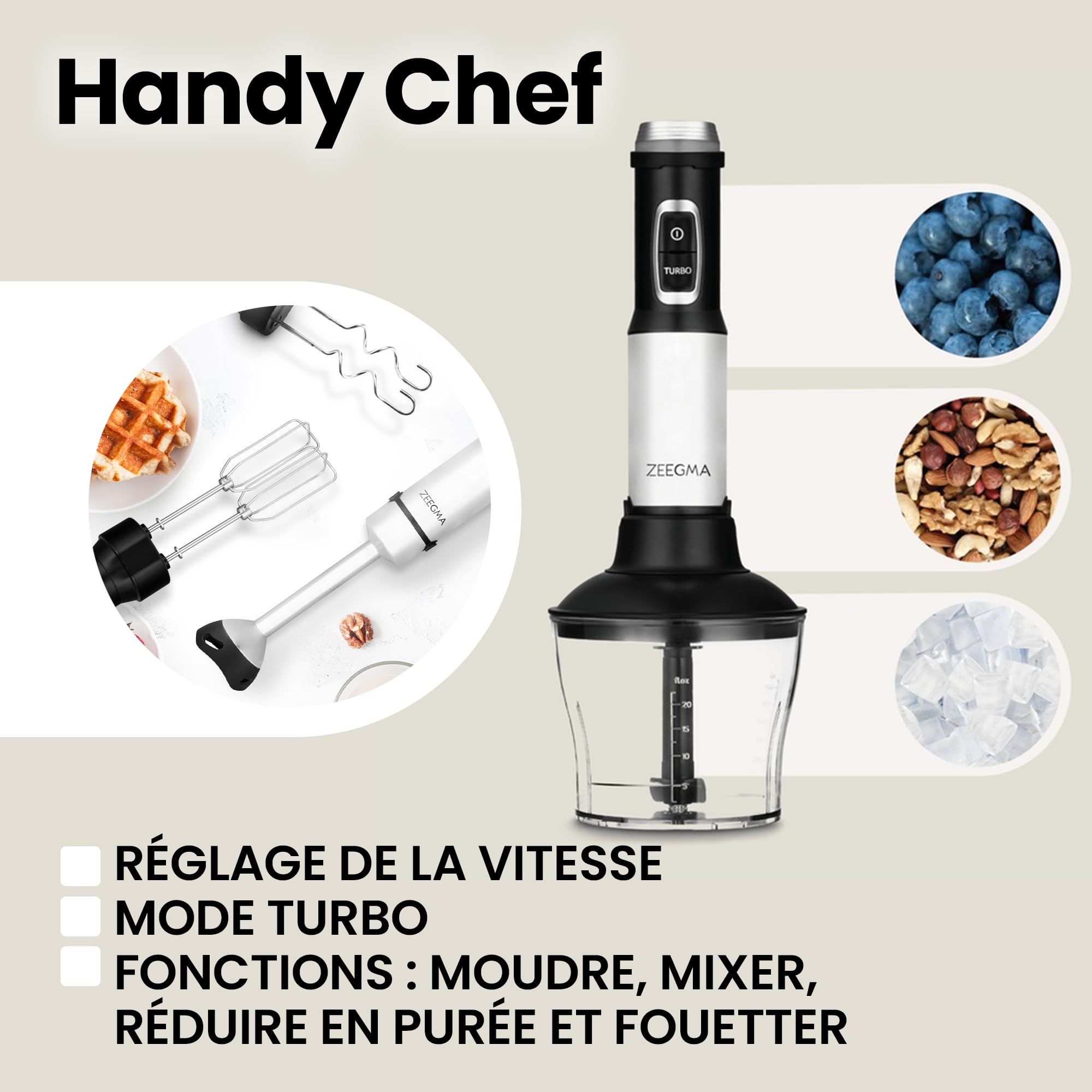 ZEEGMA Mixeur plongeant Handy Chef 5 en 1 multifonctionnel 1500 W, jeu de buses : mixeur, fouet, crochet, robot culinaire 0,6 l, récipient 0,8 l, mode turbo, contrôle de vitesse