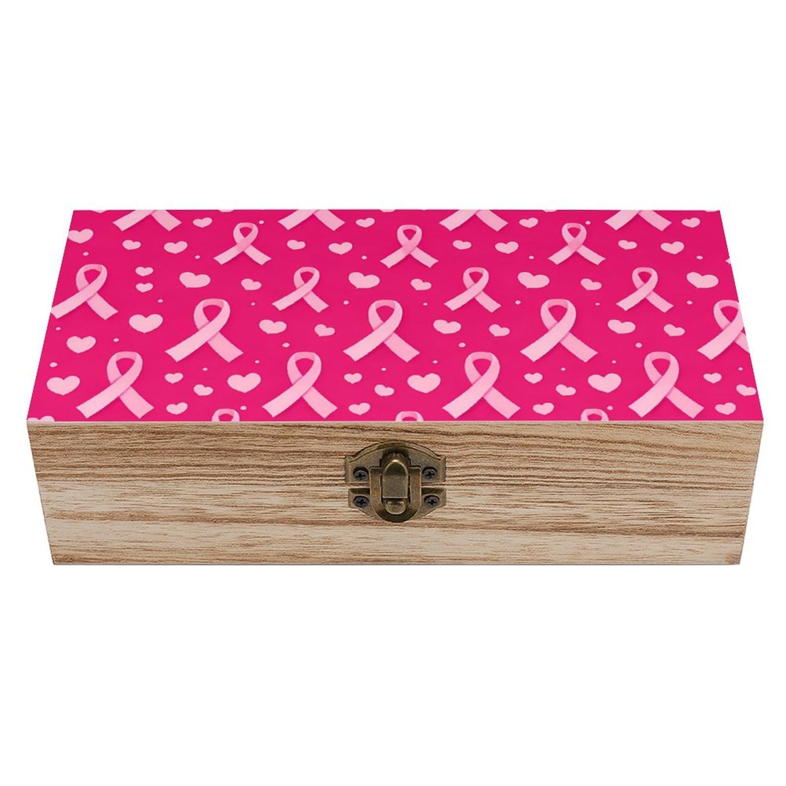 HLBSDM Pink Ribbon Breast Cancer Awareness Hearts Wooden Storage Box