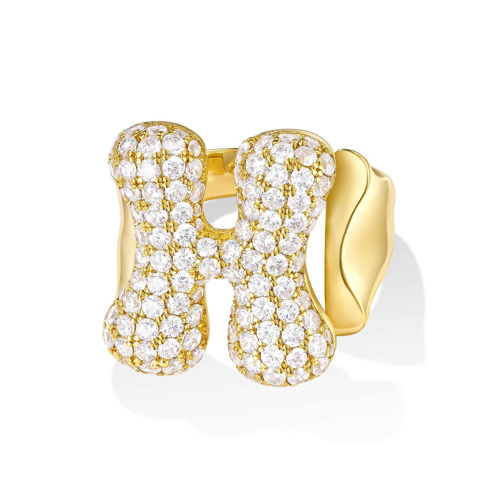 KissYan Bubble Initial Ring Valentines Day Gifts for Women, 14k Gold Plate Balloon Jumbo Letter Rings Open Adjustable Dainty Pave CZ Personalized