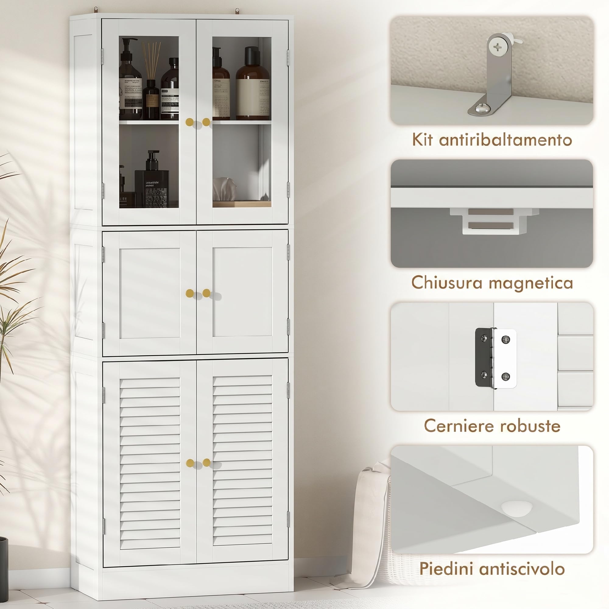 HOMCOM Mobile Bagno Alto Slim con 3 Armadietti a Maniglie, Mobiletto Bagno Salvaspazio con Ante Magnetiche in Vetro, a Persiana e Ripiani Regolabili, per Sala da Pranzo Soggiorno, 60x30x170cm, Bianco