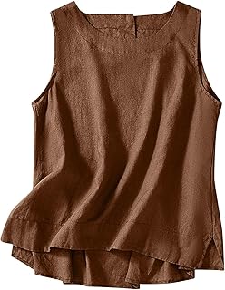 Camiseta sin mangas para mujer, de algodón y lino, muselina, vintage, cuello redondo, camiseta interior ligera de verano, camiseta de verano, monocolor, blusa de lino, camiseta de tirantes