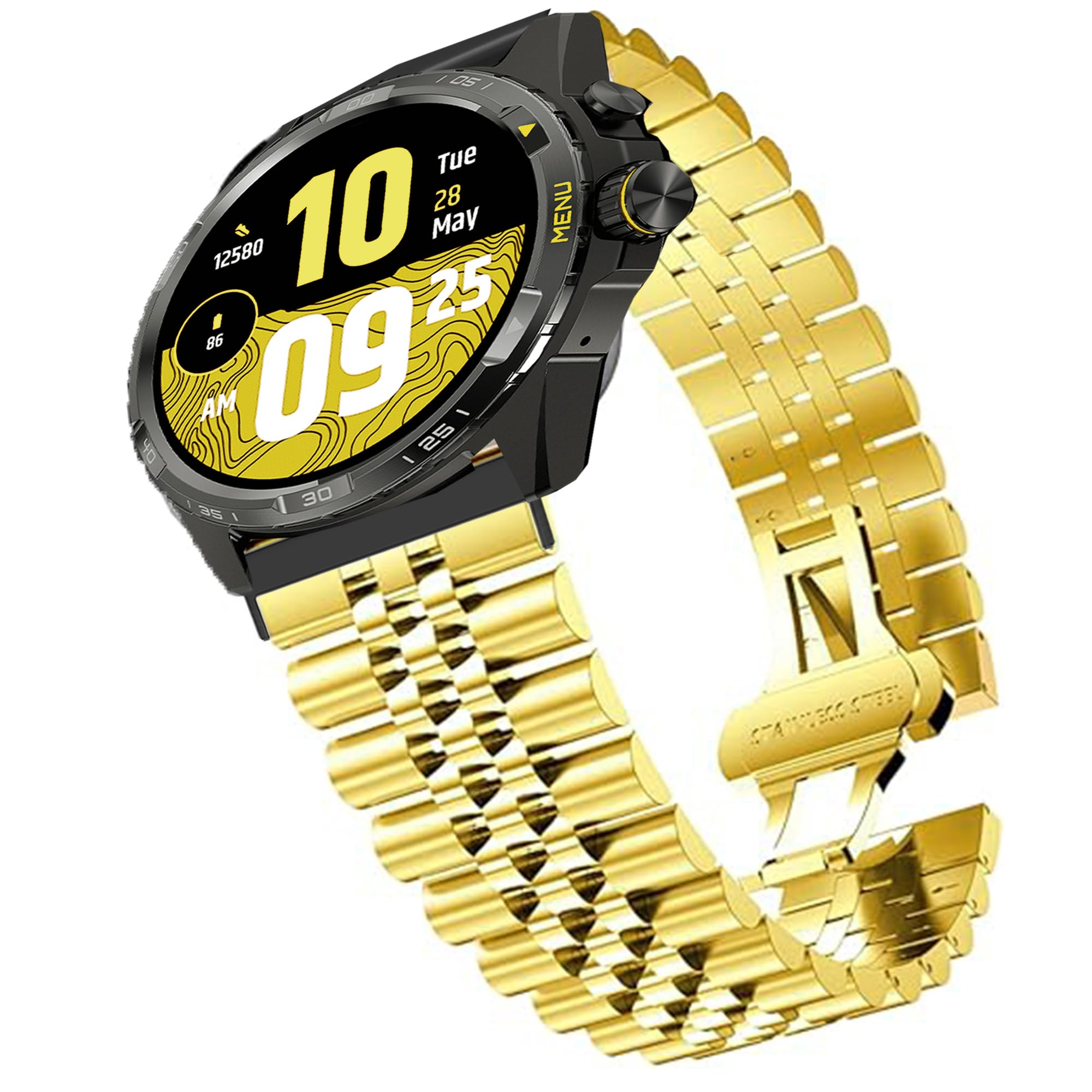 Compatible with Ticwatch Atlas Bands, 20mm, 22mm, 24mm Solid Stainless Steel Metal Band with Butterfly Folding Clasp Link Bracelet Compatible with