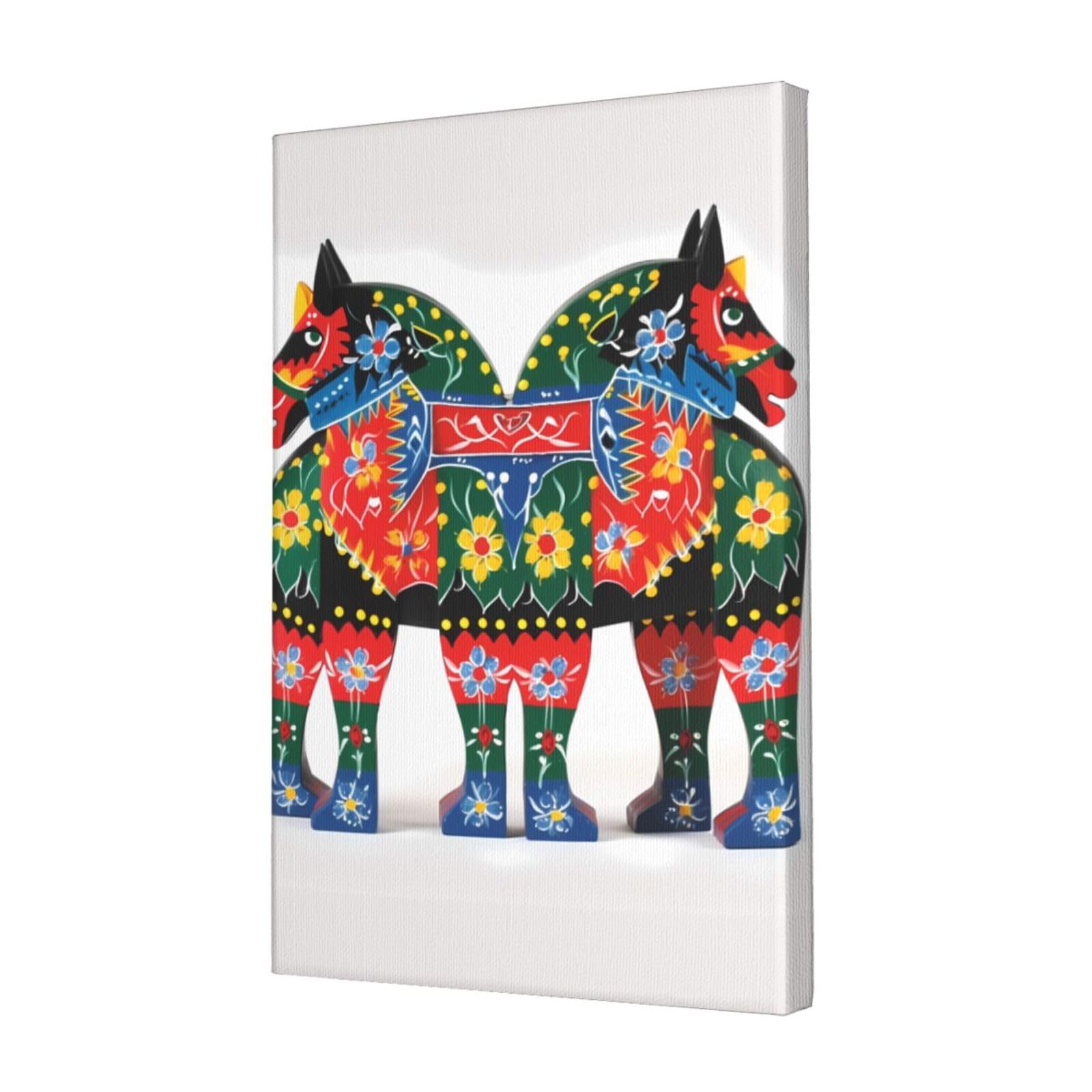 KLOPH Runner Swedish Dala Horse Folk Canvas Wall Art for Living Room 12"x18" Modern Artwork Painting for Bathroom Hanging Canvas Prints Aesthetic Wallart for Bedroom Kitchen Office Wall Decor