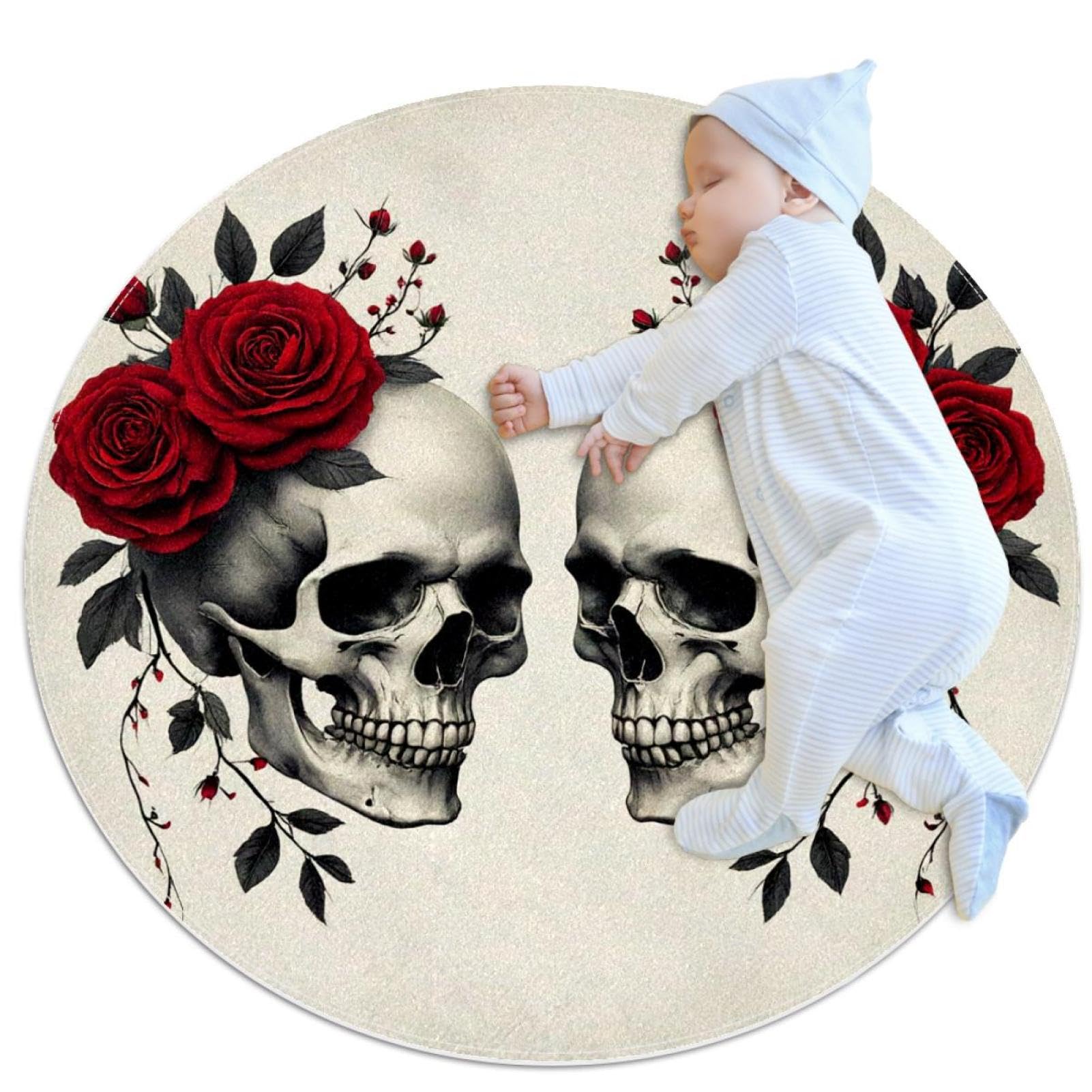 Tapis de bain roses rouges et crânes morts antidérapant rond 1m pour chambre