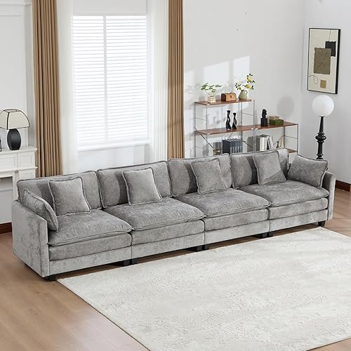 Miniatura 52 de Sofá seccional modular beige de 111.5", sofás seccionales grandes de 3 plazas para sala de estar, tela de chenilla marfil blanquecino, sofá nube de