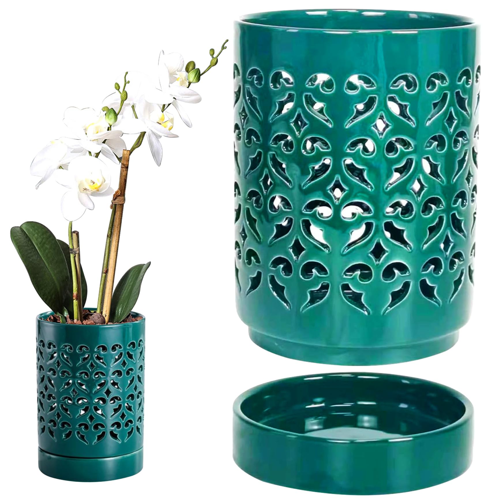 Wedhapy Green Orchid Pots With Holes 4 Inch Orchid Planter, Breathable Orchid Pots For Repotting Ceramic Plant Pot With Saucer For Orchid Promotes Air Circulation Plant Growth Orchid Pot Orchid Pots With H