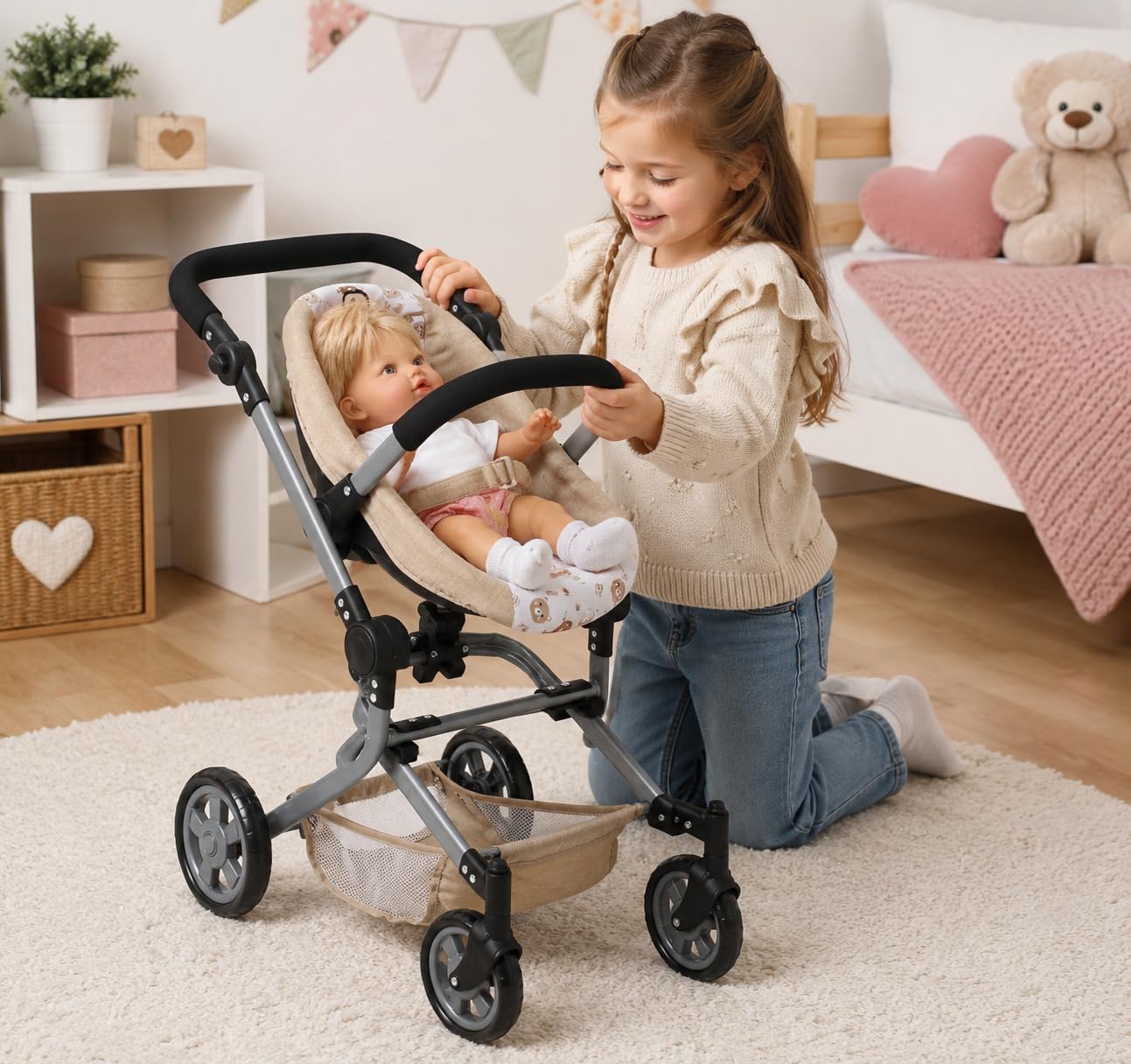 Bayer Chic 2000 - Seggiolino auto per bambole con adattatore per passeggino per bambole, accessori per bambole, orsetti beige