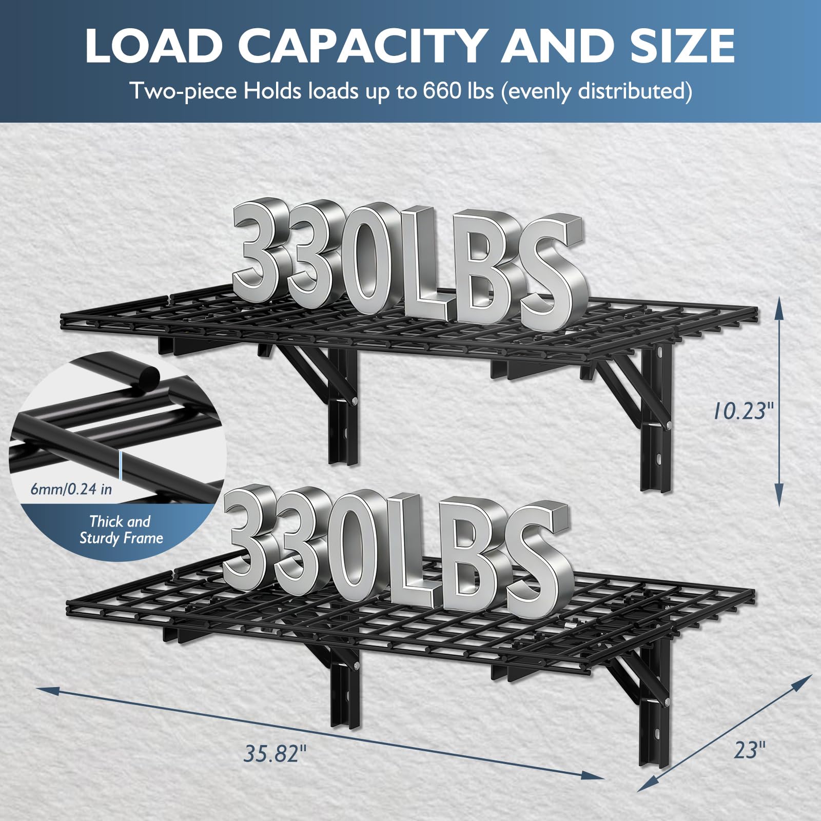 AIRAJ Garagenregal klappbar 91x60 cm (2x3FT), 2 Stück, Schwerlast-Wandregal aus Metall, Tragfähigkeit 363 kg, für Garage, Werkstatt, Garten, Lager – Schwarz