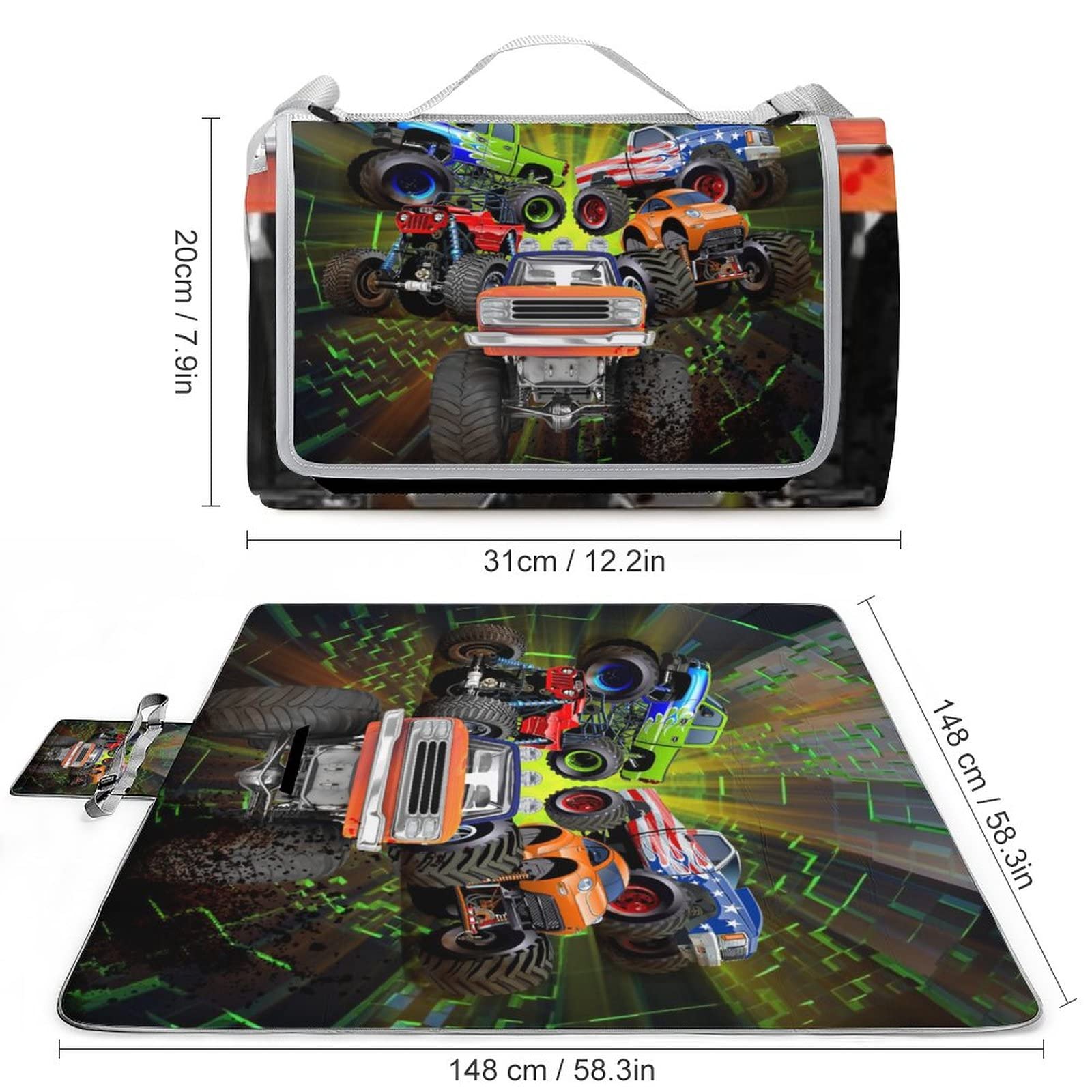 Kazynee Cool Cartoon Monster Outdoor Picnic Blanket Truck Kids Boys Shabby Monster Trucks Print for The Beach Camping on Grass Waterproof Sandproof 58.3x58.3 Inch
