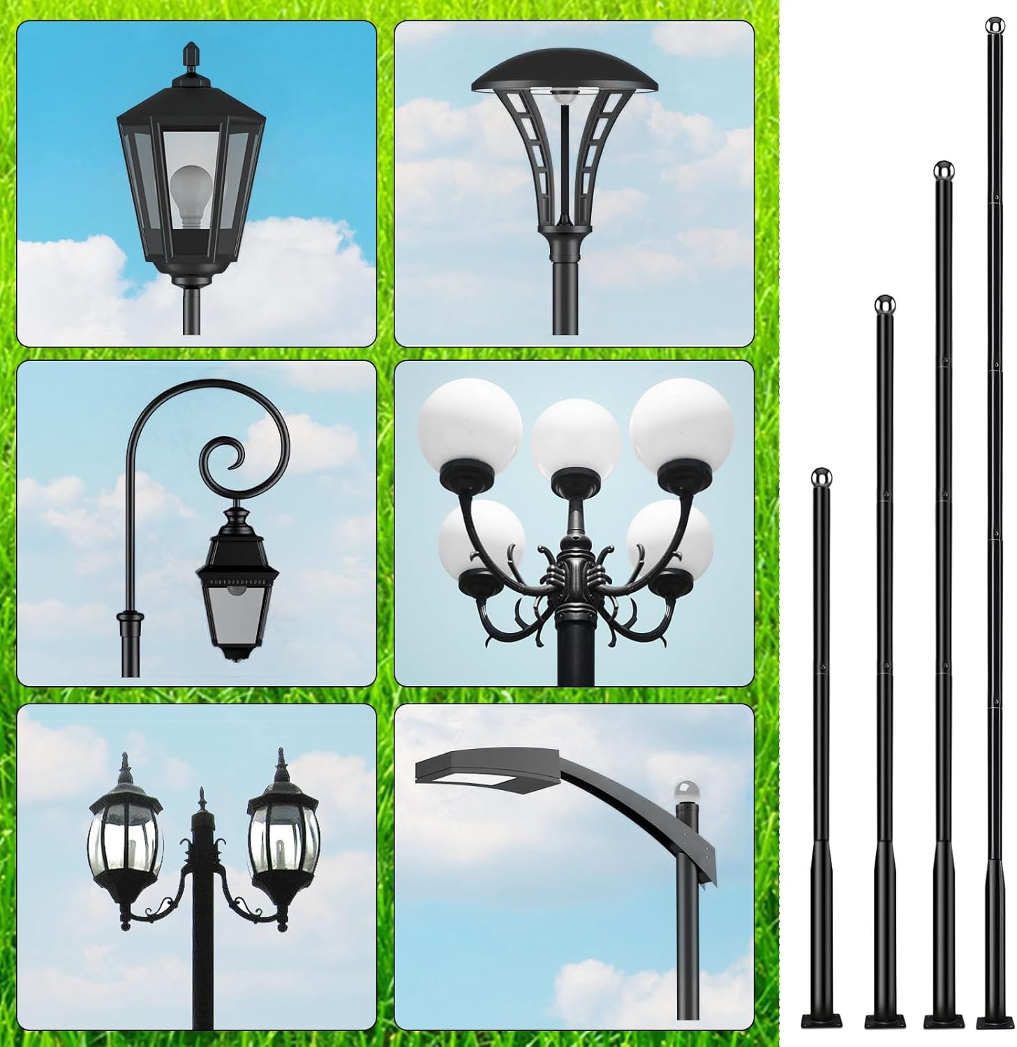 Street Light Pole 20Ft, Outdoor Adjustable Metal Street Lamp Post, Solar Street Light Pole for Street, Patio, Backyard, Basketball Court, Park, with Mounting Rebar Cage