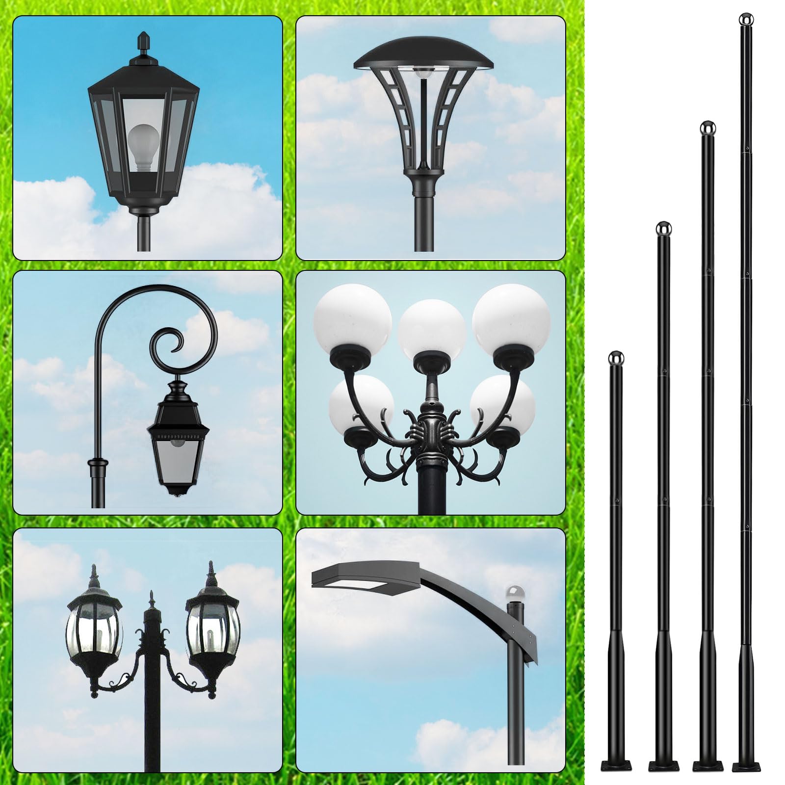 Słup oświetlenia ulicznego, regulowany metalowy słupek lampy ulicznej, solarny słup oświetlenia ulicznego na ulicę, patio, podwórko, boisko do koszykówki, parku, z montażową klatką na