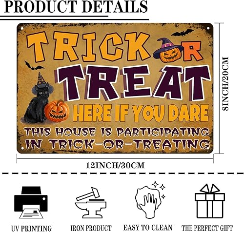 Miniatura 10 de Jsovesv Letrero de metal decorativo con diseño de gato y bruja y calabaza, con texto en inglés May Luck Be Yours On Halloween con gato negro para