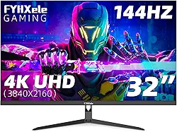 Monitor de jogos 4K de 32 polegadas, monitor IPS rápido UHD de 144 Hz, monitor de computador compatível com FreeSync, HDR400, 1ms, 100% sRGB, com DP, tipo C, HDMI 2.0/2.1, hub USB