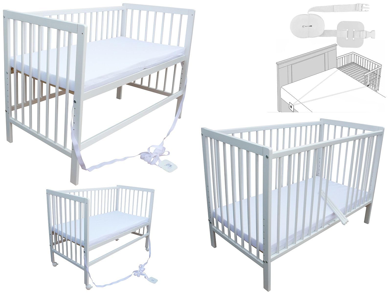 Kinderbett - Beistellbett - Babybett 120x60 cm umbaubares Bett mit Gurt, Rädern und Matratze (Weiss mit Matratze)