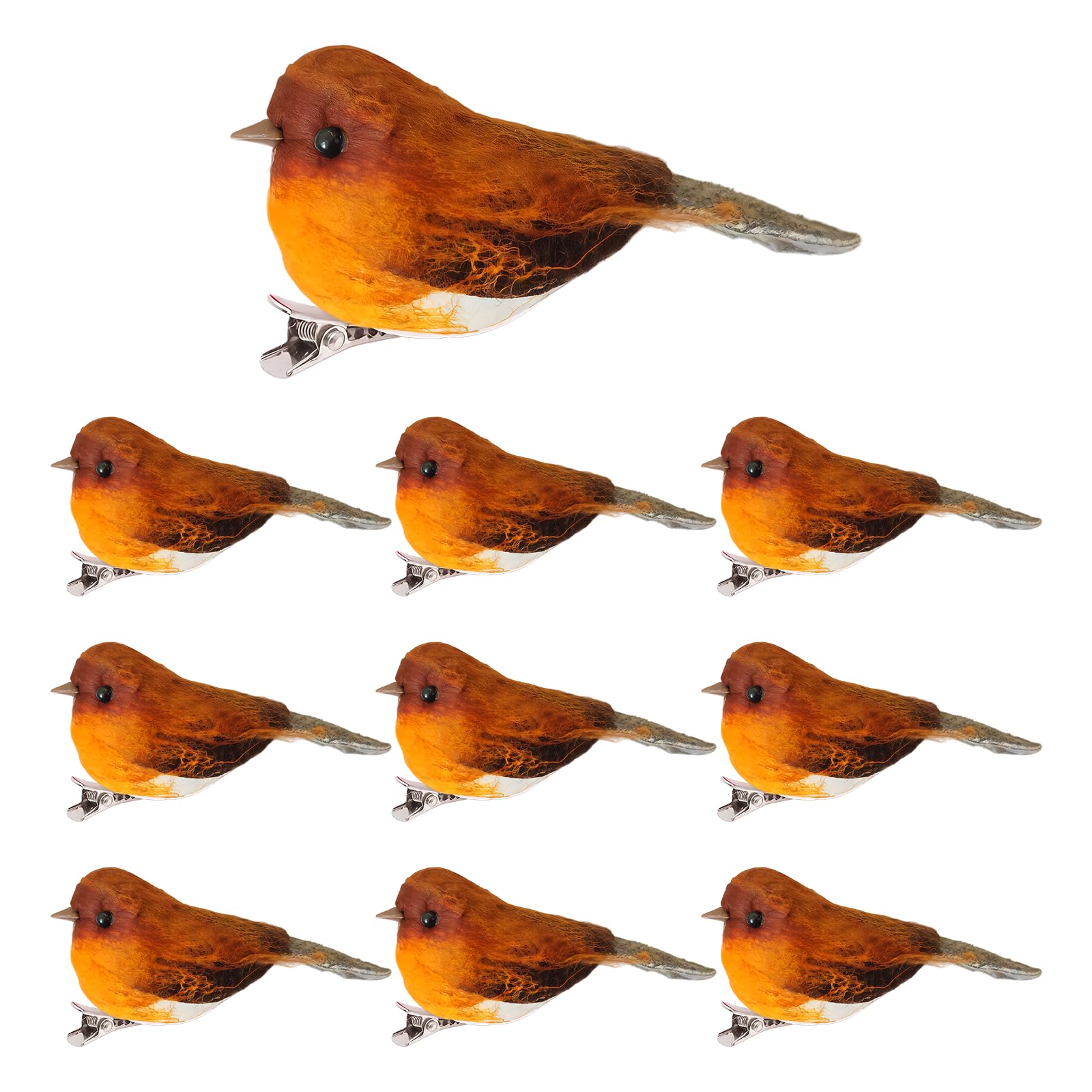 HIXNUG 10pcs Feather Robin Bird on Clip Decorative Mini Bird Models Robin Christmas Tree Decoration for Yard Patio Wreath Designs Garden Decoration