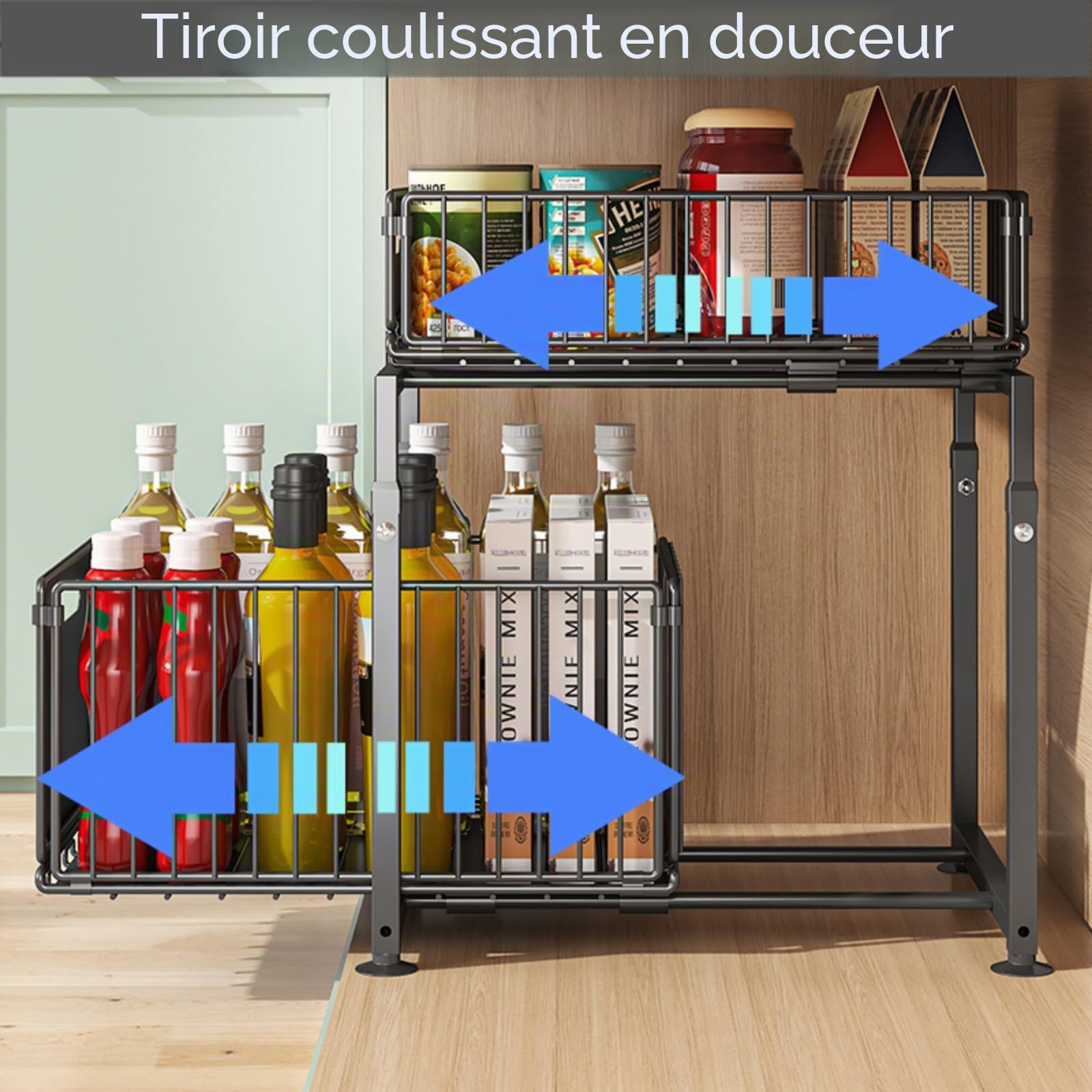 Étagère de Rangement Sous Évier en Métal 2 Niveaux, Tiroir Coulissant Organisateur Placard Cuisine Salle de Bain, Rangement Gain de Place Plan de Travail