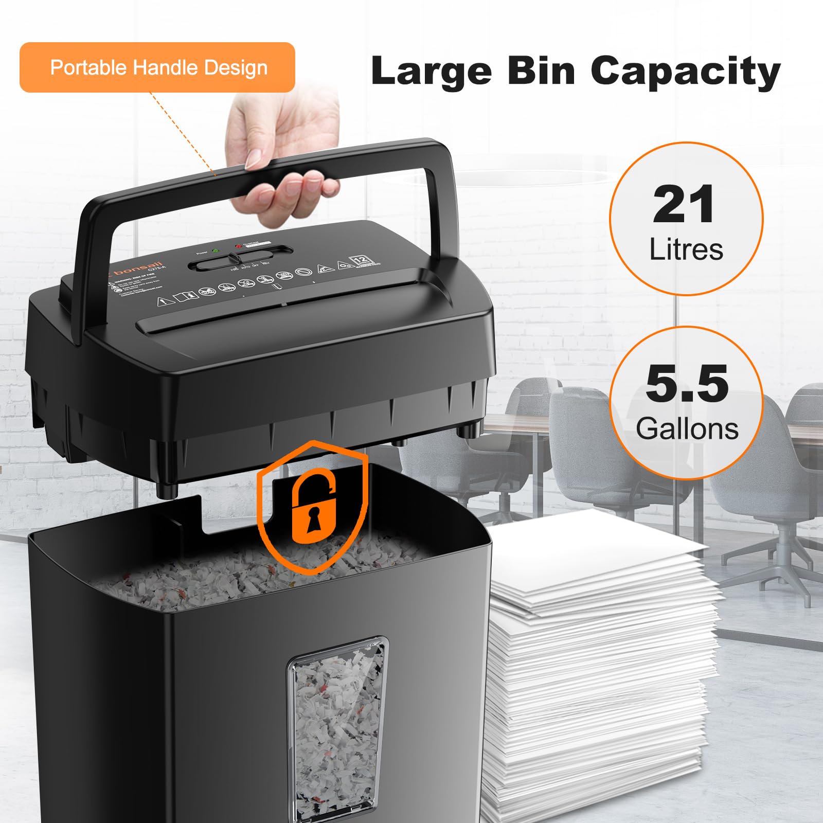 Bonsaii 12-Sheet Cross Cut Paper Shredder, 5.5 Gal Home Office Heavy Duty Shredder for Paper, Credit Card, Mail, Staples, with Transparent Window, High Security Level P-4 (C275-A) — Amazon image 4