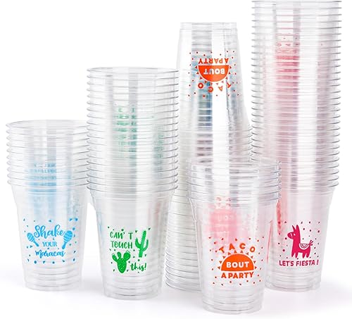 Miniatura 1 de Paquete de 200 vasos de plástico desechables mexicanos transparentes de 12 onzas para fiesta mexicana para fiesta de Cinco de Mayo, suministros de