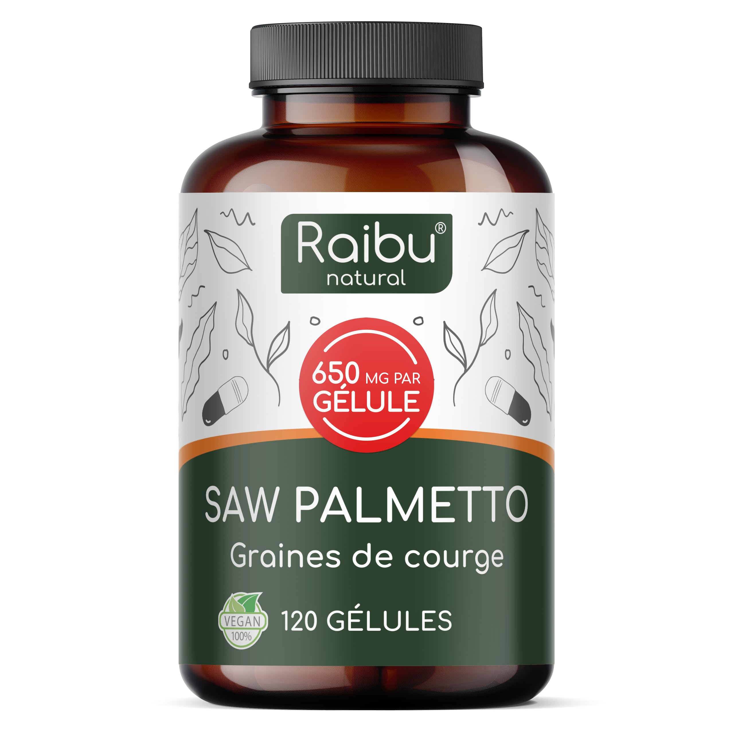 Saw Palmetto - Haute Teneur: 11000 mg de Palmier Nain par Gélule (20:1), avec Graines de Courge - 120 Gélules de Palmier Nain pour 4 Mois d’Utilisation - Végan & Sans Additifs - Raibu