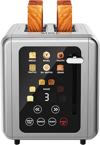 WHALL Touch Screen Toaster 2 Slice,Stainless Steel Digital Timer Toasters,6 Bread Types & 6 Shade Settings,Smart Extra Wide Slots Toaster With