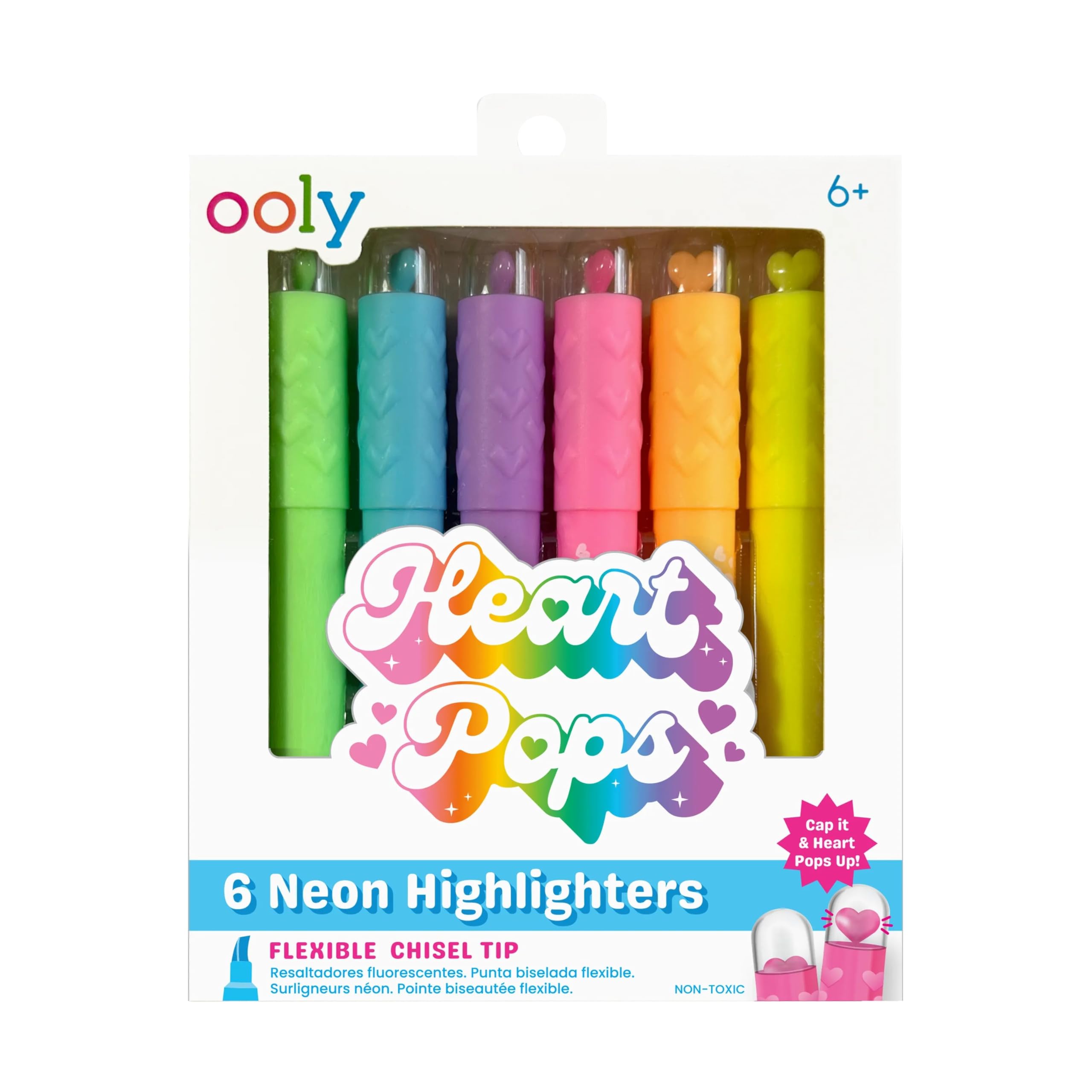 Surligneurs néon anti-bavure OOLY Heart Pops à pointe biseautée flexible pour fiches de révision