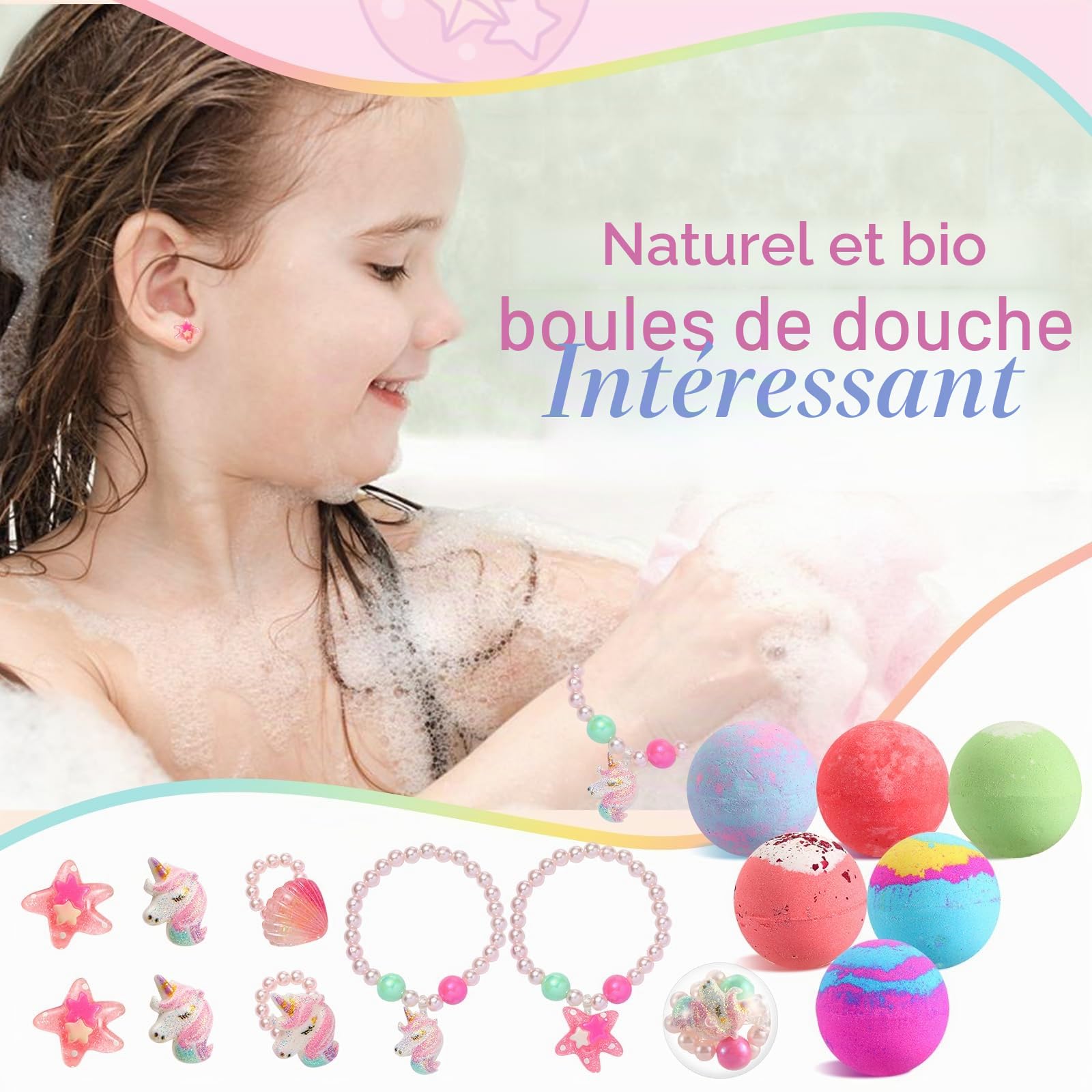 MeCids Lot de 6 bombes de bain bio pour enfants avec jouet surprise à l'intérieur, bracelets et bagues, kit de bombes de bain à bulles pour fille anniversaire et Noël