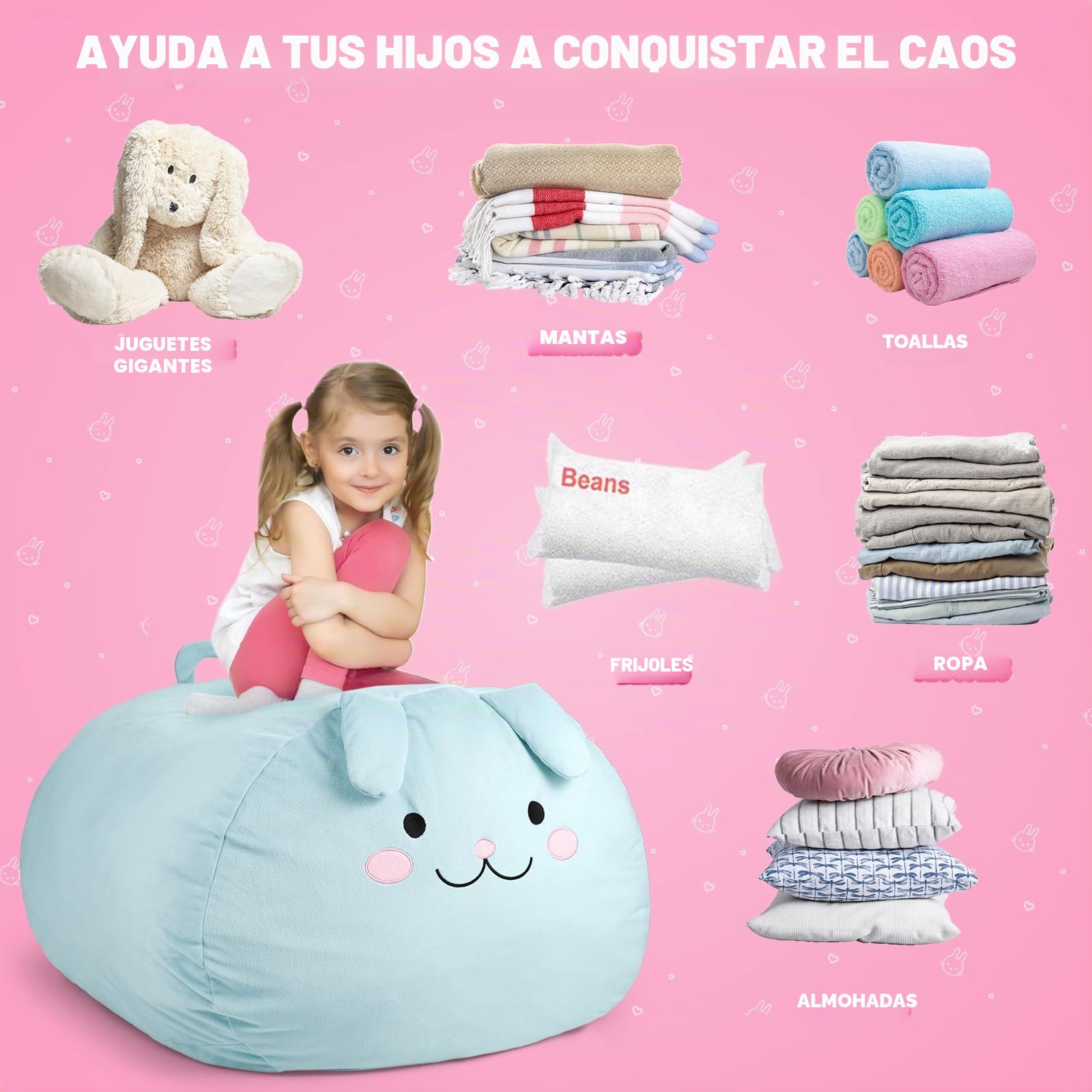GAGAKU Saco de Almacenamiento para Peluches Conejo Azul 200L Bolsa Puff Salon XXL para Juguetes Habitación Infantil Gran Saco Asiento Rellenable con Cremallera de para Organizador Peluches - Azul