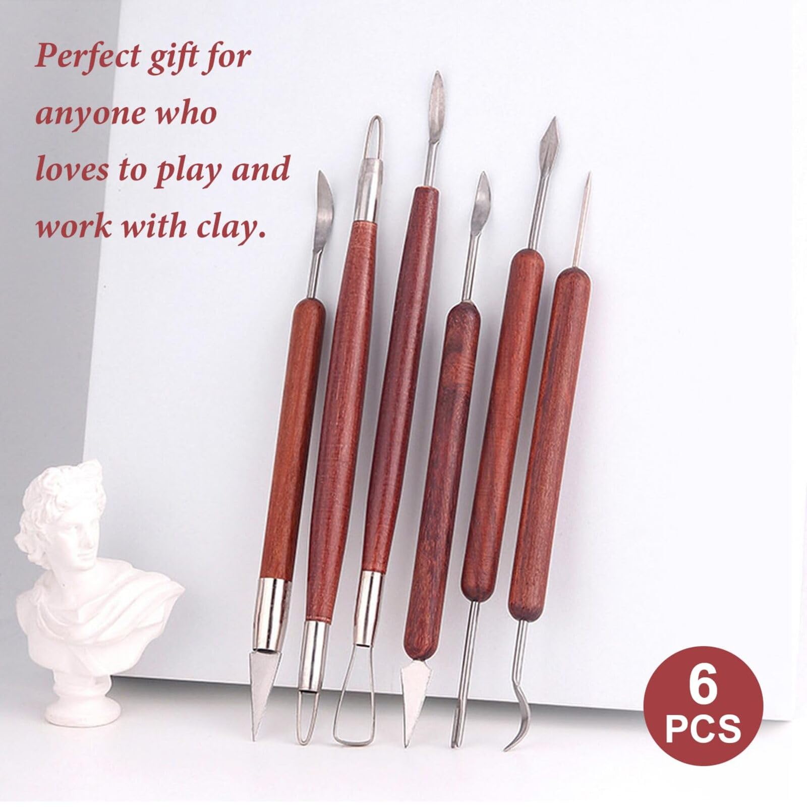Clay Tools & Wooden Clay Tools Set, 6-Piece Double Sided Metal and Wood Sculpting Tools for Pottery Air Dry Clay, Ceramics & Art Crafts - Image 3