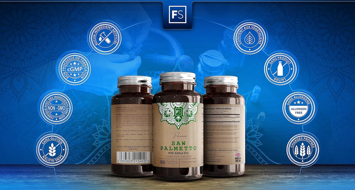 FS Saw Palmetto | Prostate Complément Alimentaire 180 Gélules - Haute Teneur 320mg Saw Palmetto Cheveux avec 15mg Zinc Palmier Nain Gélules (extrait 20:1) par Portion | Sans OGM