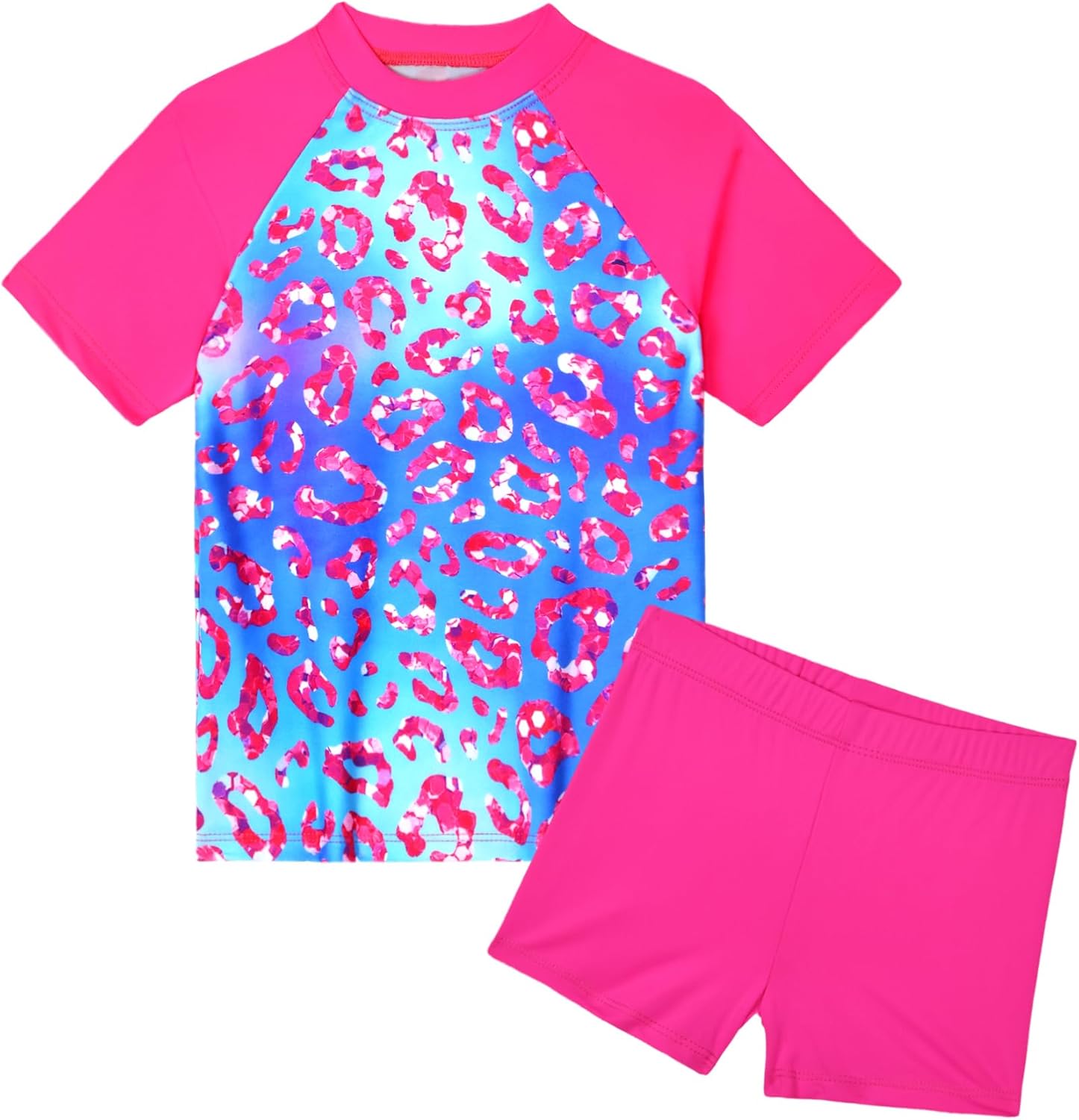 Girls Swimsuit Colorful Short Sleeve Bathing Suits UPF 50+ Rash Guard Set Two Piece Summer Swimwear