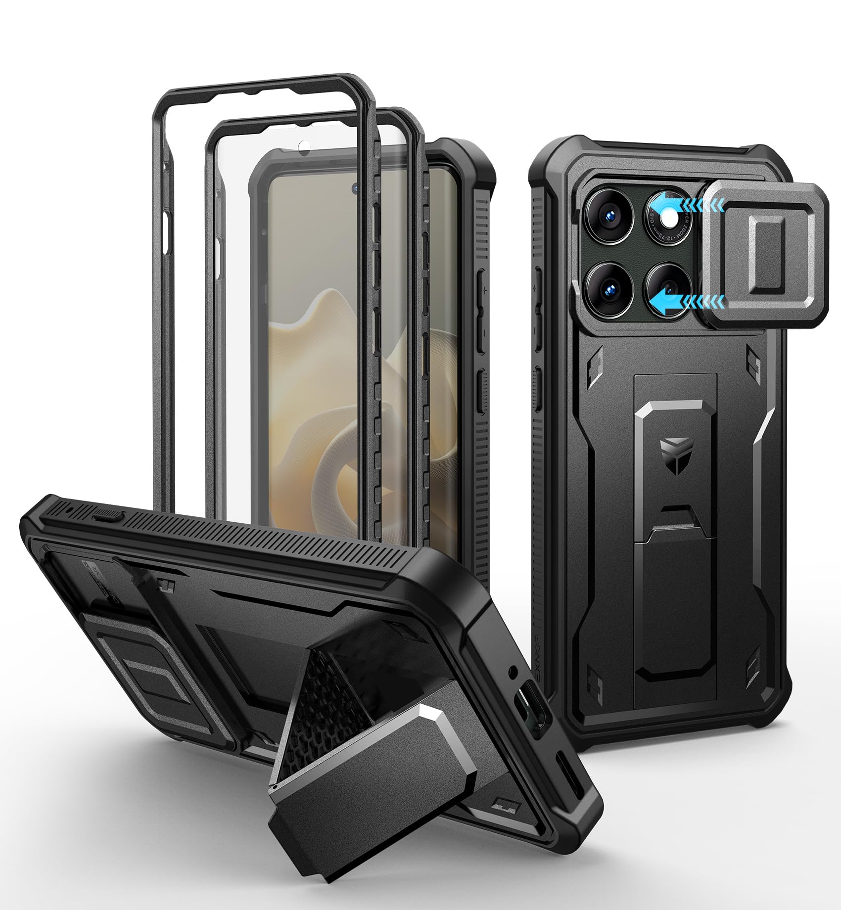 Dexnor for Motorola Moto Edge 2025 Case, [2 Front Frame] [Built-in Magnetic Slide Camera Cover & Kickstand] Heavy Duty Protection Shockproof Phone