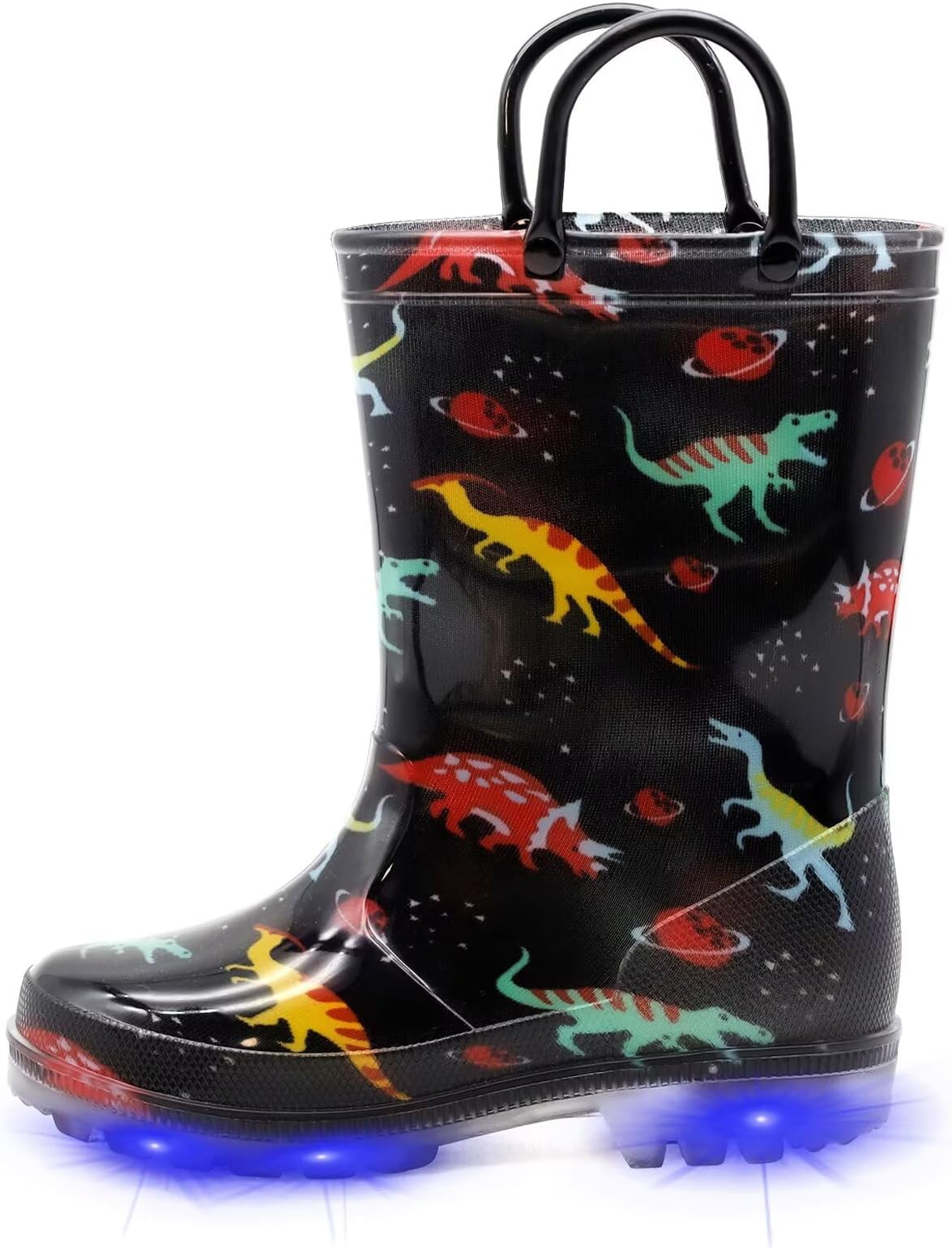 Toddler Kids Waterproof Light Up Rain Boots Patterns and Glitter Boots with Handles for Boys Girls