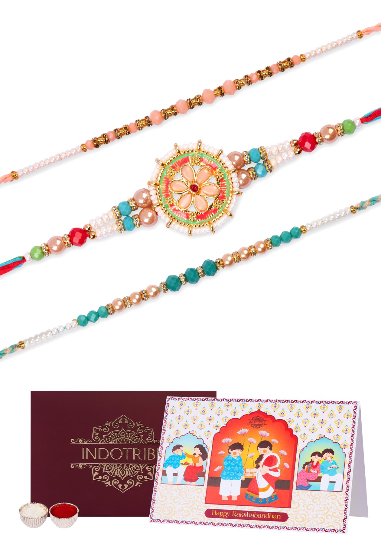 IndoTribeRakhi For Brother with Gift Set - Set of 3, Rakhi For Brother with Card, Roli Chawal | Rakhi for Brother and Bhabhi | Lumba Rakhi For Brother | Bhaiya Bhabhi Rakhi | Raksha Bandhan Rakhi