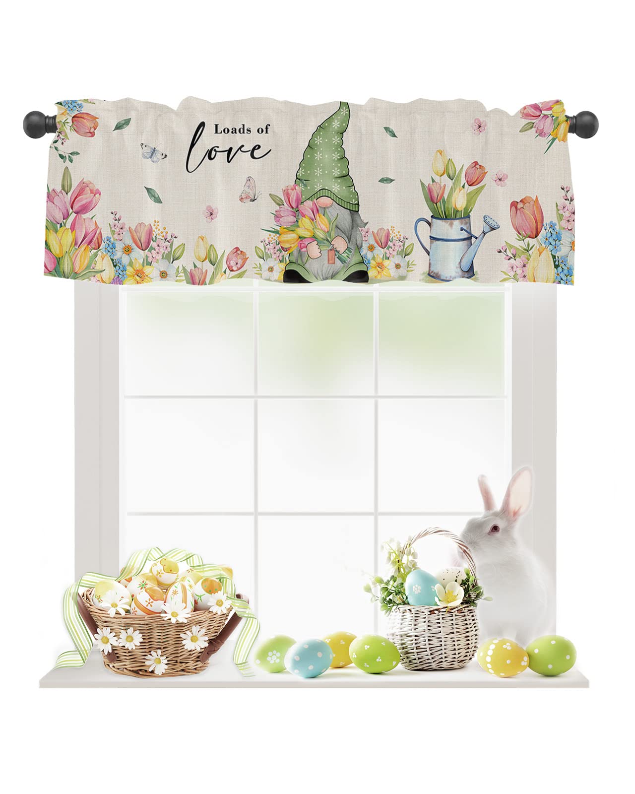Easter Valance for Windows Gnome Tulip Curtains Valances Loads of Love Floral Rod Pocket Valance Window Treatments Spring Holiday Short Curtains for