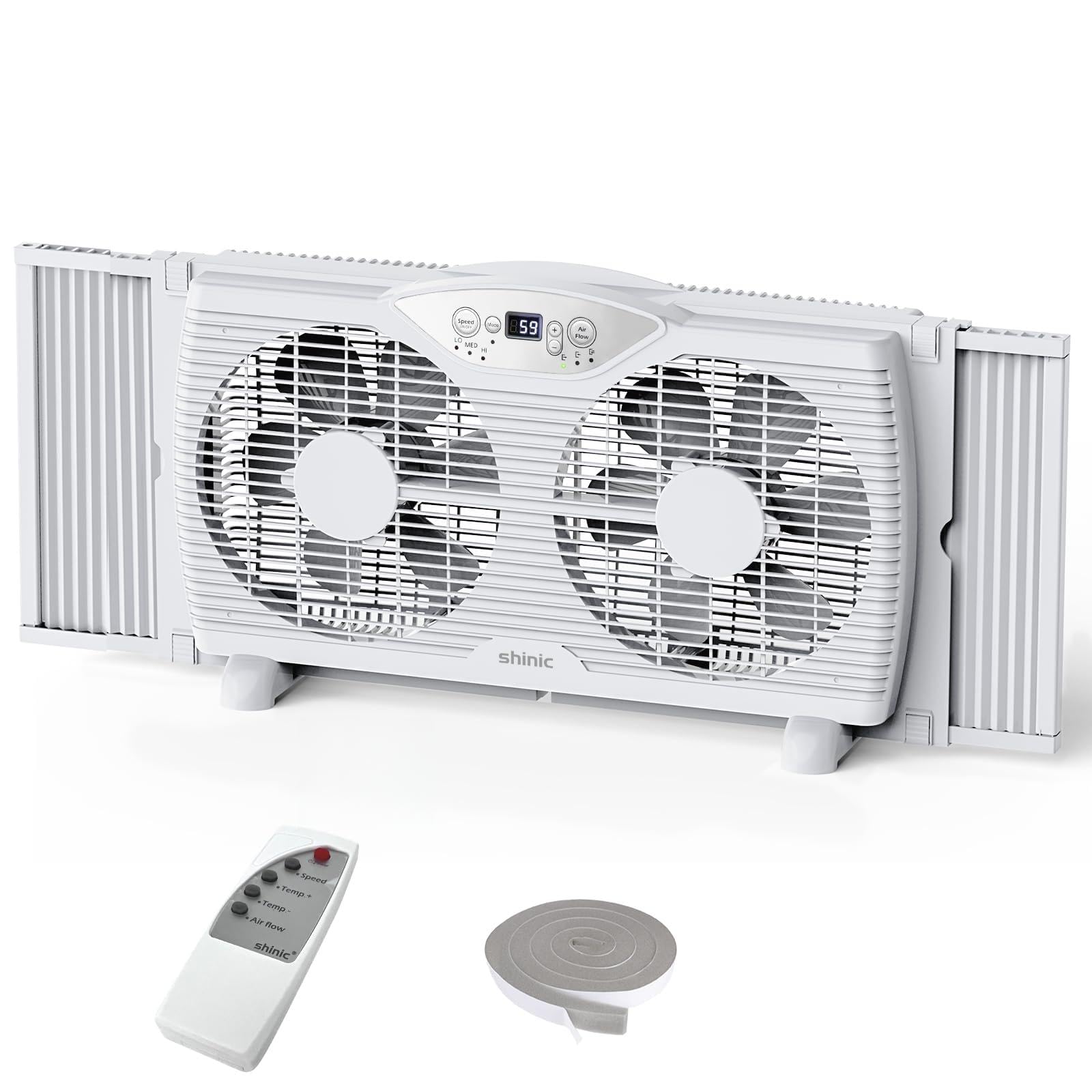 shinic Doppel-Fensterventilator mit Fernbedienung, 22,9 cm, umkehrbarer Luftstrom, Thermostatsteuerung, 3 Geschwindigkeiten, 3 Funktionen, erweiterbare Breite von 60 cm bis 94 cm