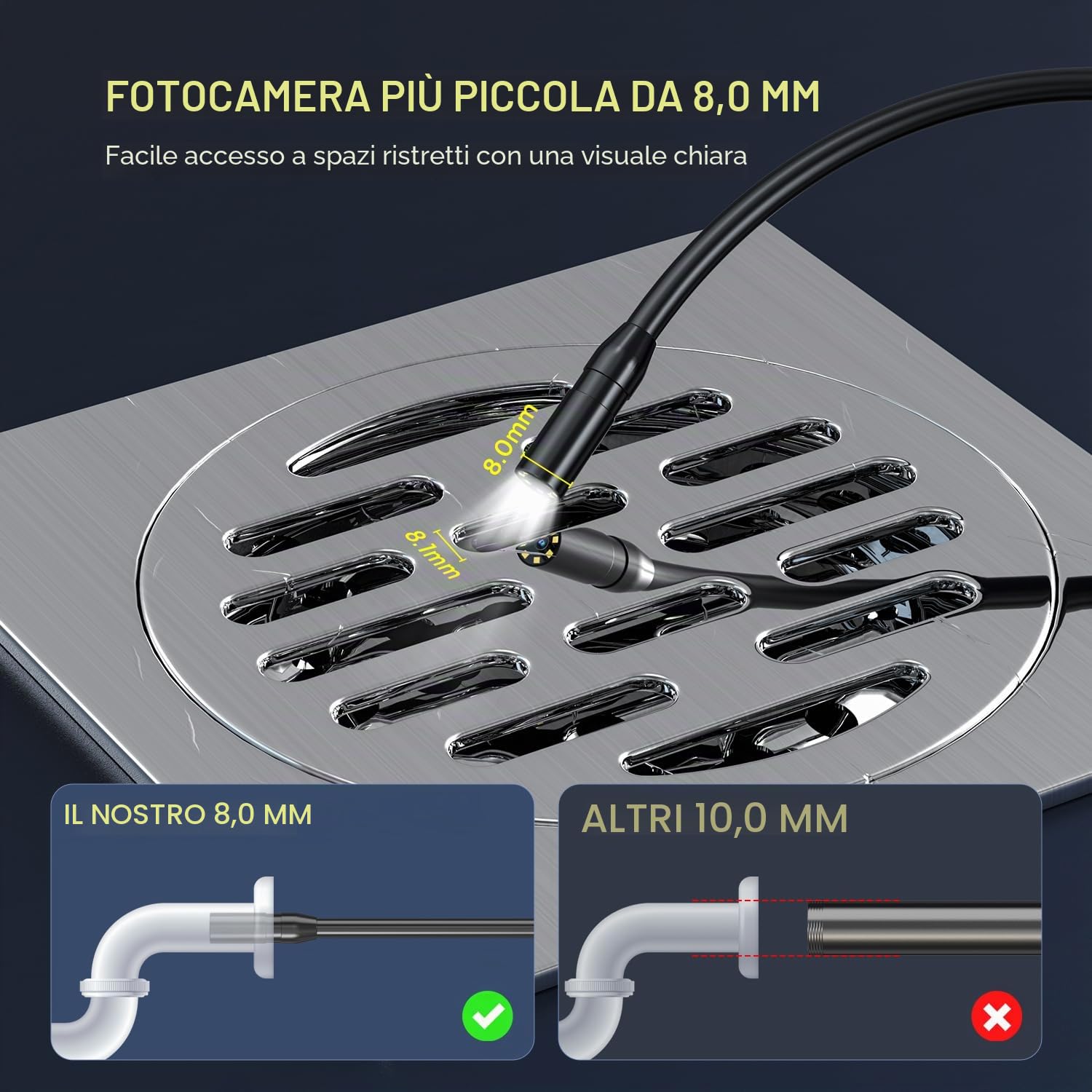Endoscopio Industriale, Qimic 2.4" IPS endoscopio per smartphone con 8 LED, 1080P HD Sonda con telecamera per ispezione tubi IP67, telecamera endoscopica cavo semirigido da 32,8 FT/10M