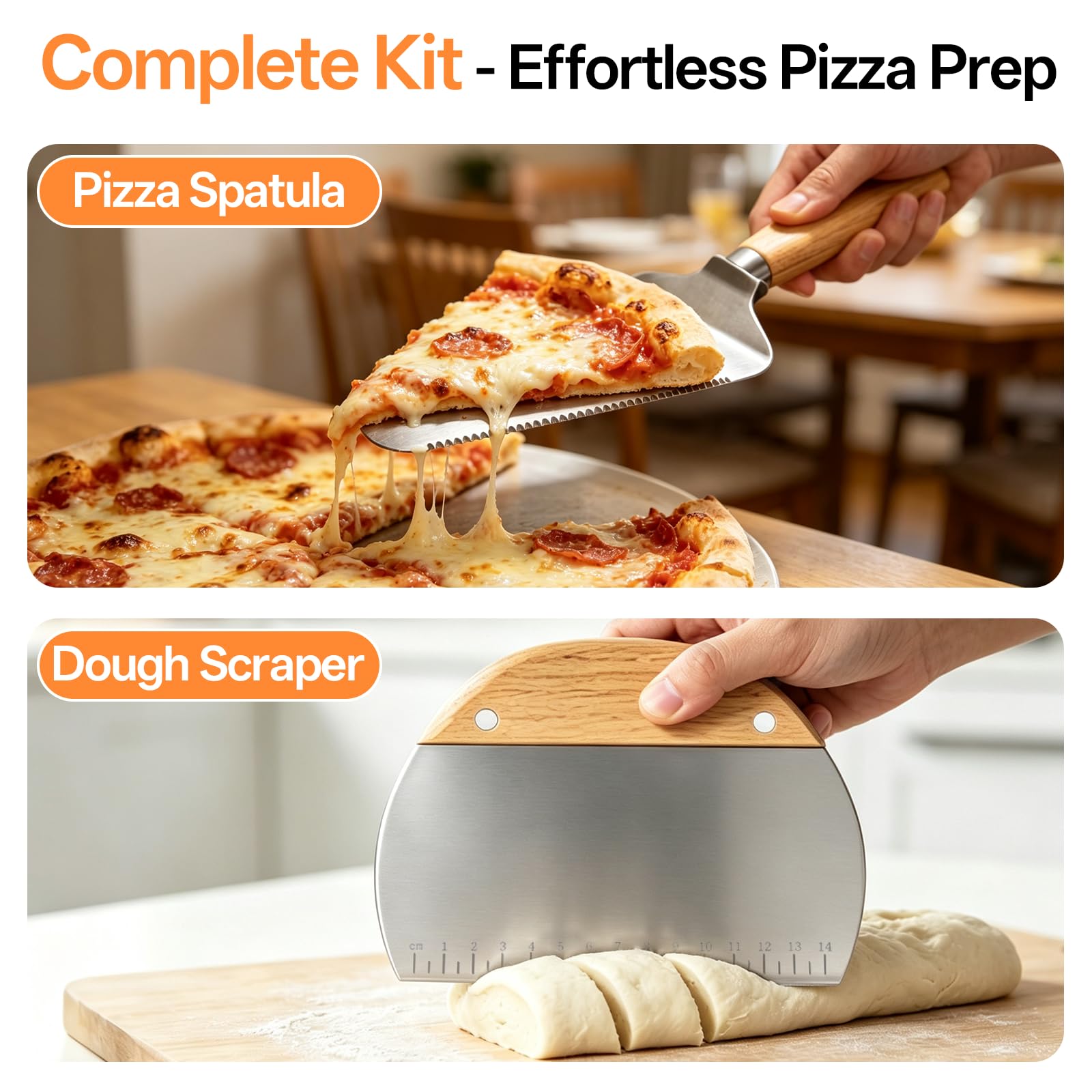 6tlg Pizza Schieber Set, Pizzaofen Zubehör mit 12 Zoll Pizzaschieber perforiert & 9 Zoll Pizzawender rund, Pizzaschaufel, Pizzaofen Bürste, Pizzaschneider & Teigschaber