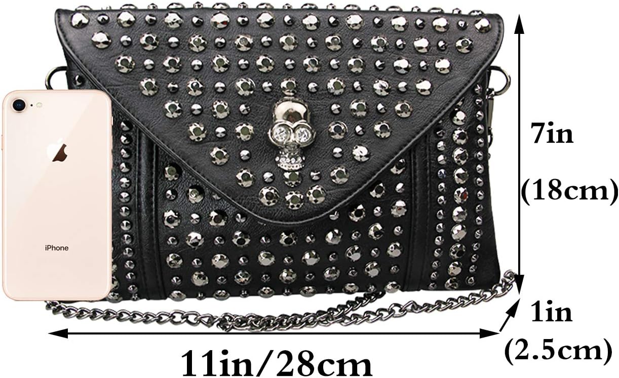 Women Rivet Chain Handbag Purse Clutch Small PU Leather Satchel Shoulder Tote Top-handle Bag Black | Rivet Chain, Small, PU Leather - Image 2