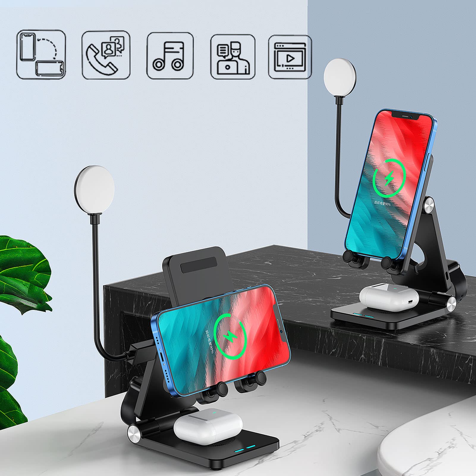 Cargador inalámbrico 4 en 1 estación de carga plegable de 18 W, compatible con carga de auricular de reloj de teléfono móvil(Negro)