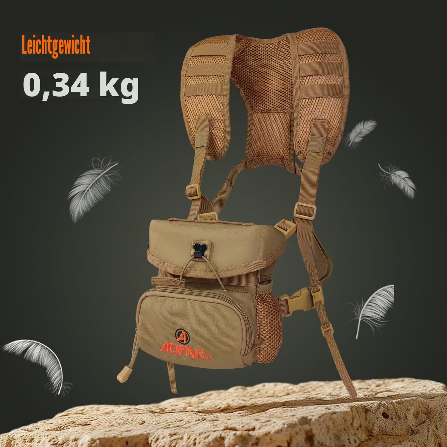 AOFAR Fernglas-Geschirr-Brusttasche mit verstellbarem Gurt, leicht und großes Fassungsvermögen, Bino-Tasche für Jagd, Wandern, Schießen, Beige