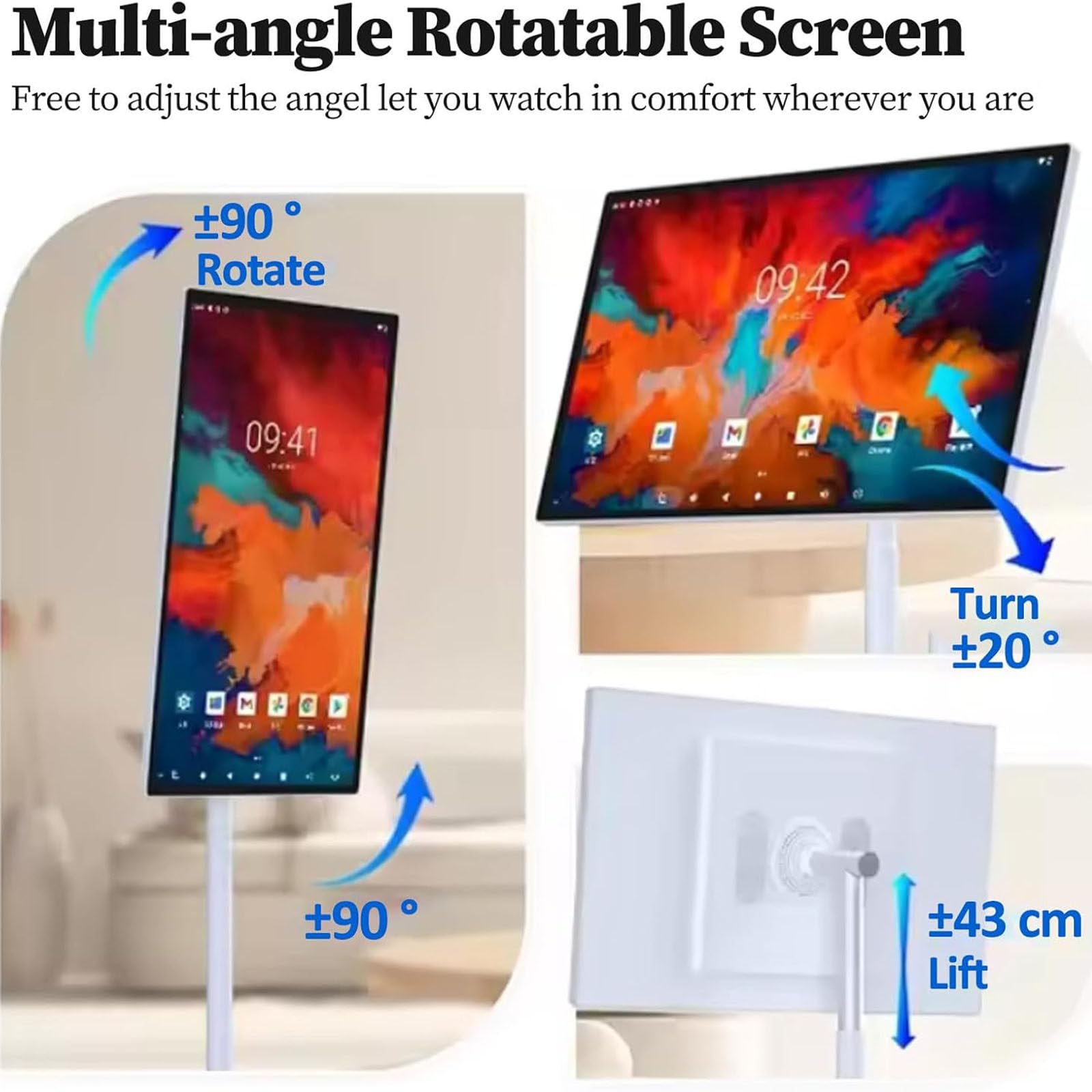 Smart screen TV portatile con telecomando, monitor wireless su ruote, touch screen con batteria integrata e rotazione completa, 24 pollici
