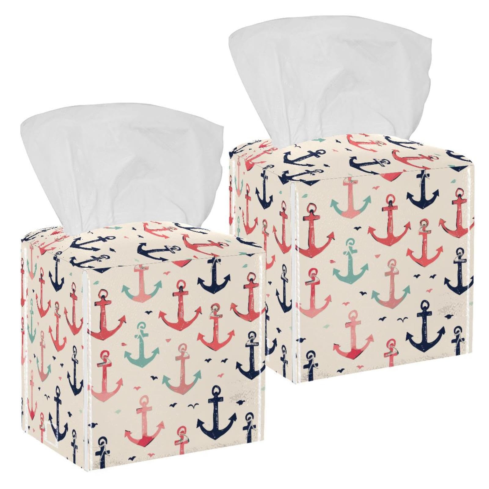 Anchor Tissue Box Cover, 2 Pack PU Leather Square Facial Tissue Dispenser Box holder for Home Office Car