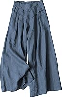 SCUSTY Women's Linen Wide Leg Culottes Capris Palazzo Boho Pants - Breathable High-Rise Trousers with Pockets