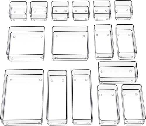 SMARTAKE Organizador de cajones de 16 piezas con almohadillas de silicona antideslizantes, bandeja de almacenamiento de escritorio de 5 tamaños para