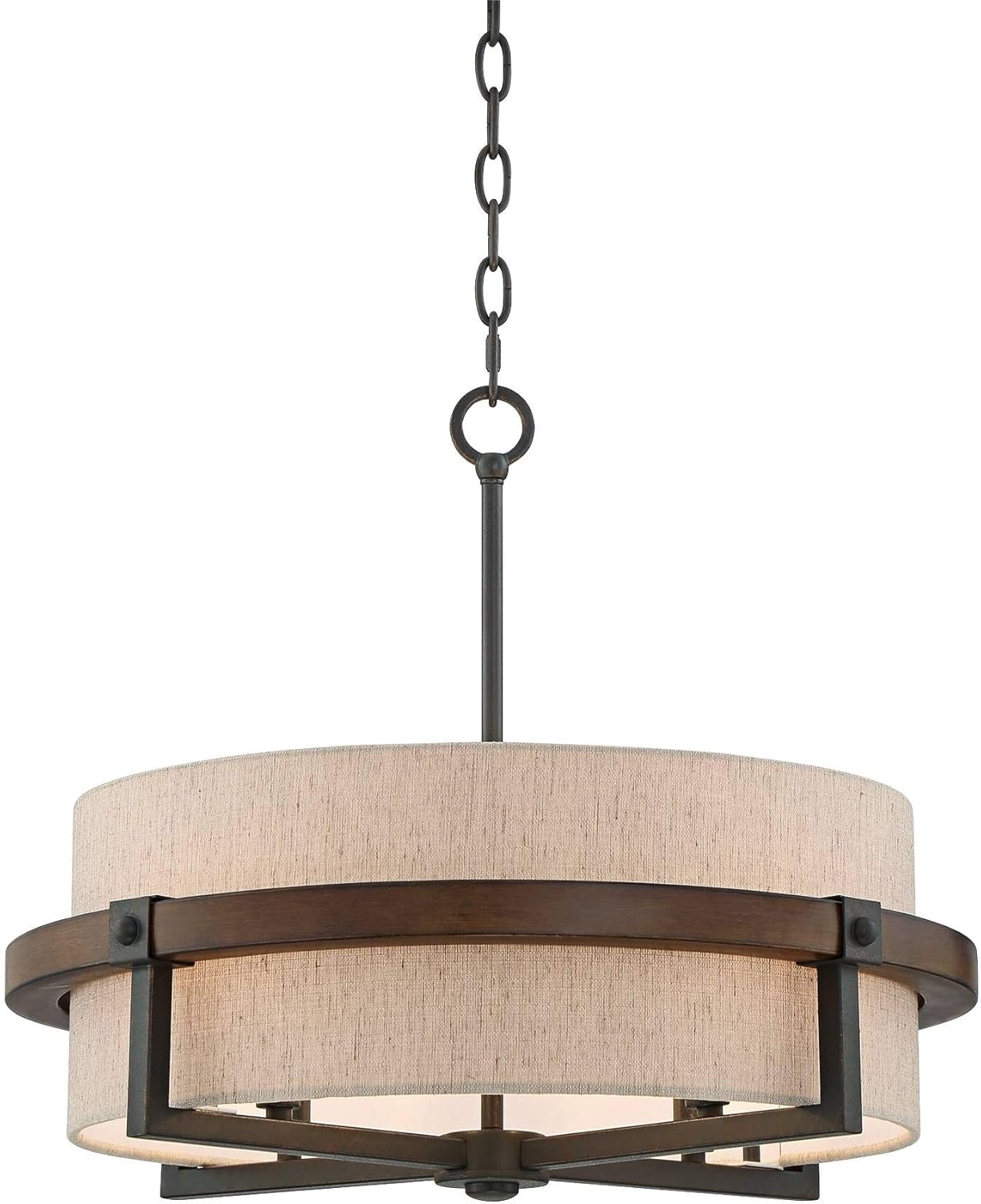 Possini Euro Design Pendant Light Fixture - 4 Light, Bronze and Wood Tan Fabric Drum Shade, Contemporary Pendant Light for Kitchen Islands, Living Rooms, Foyers, and Bedrooms - 22" Wide, 18" High